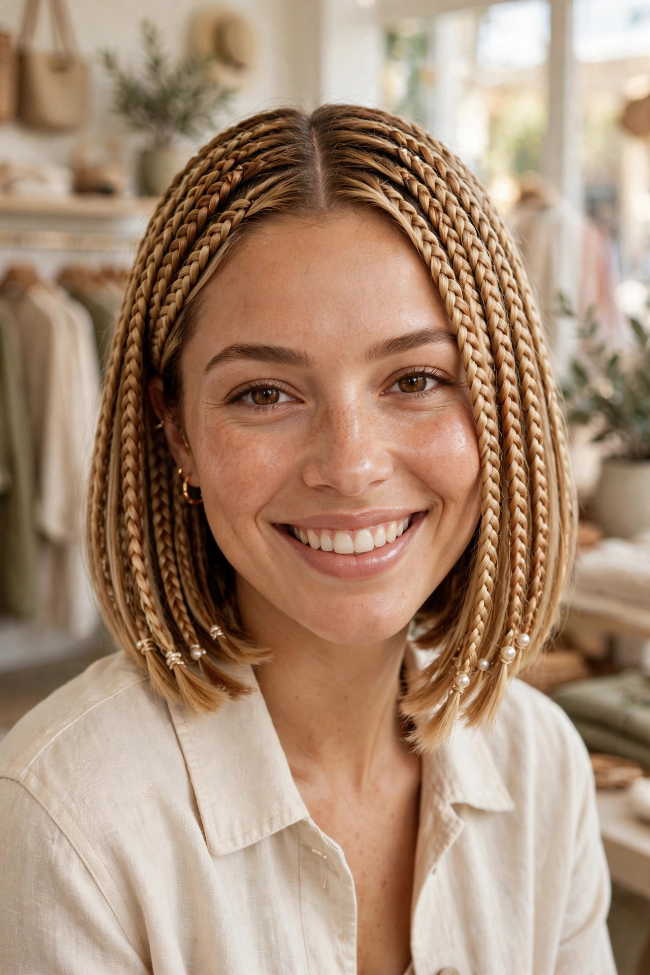 Honey blonde braided bob with pearl beads in soft daylight