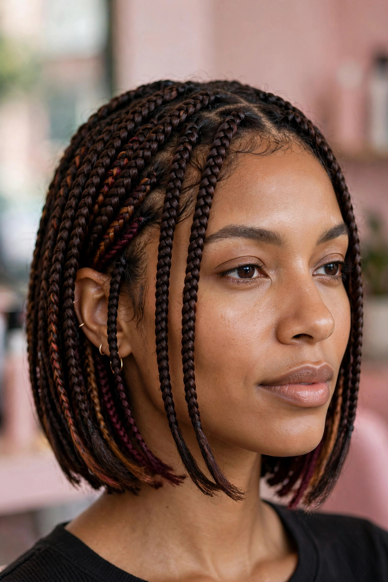 Braided bob with hidden caramel and burgundy peekaboo strands beneath dark braids
