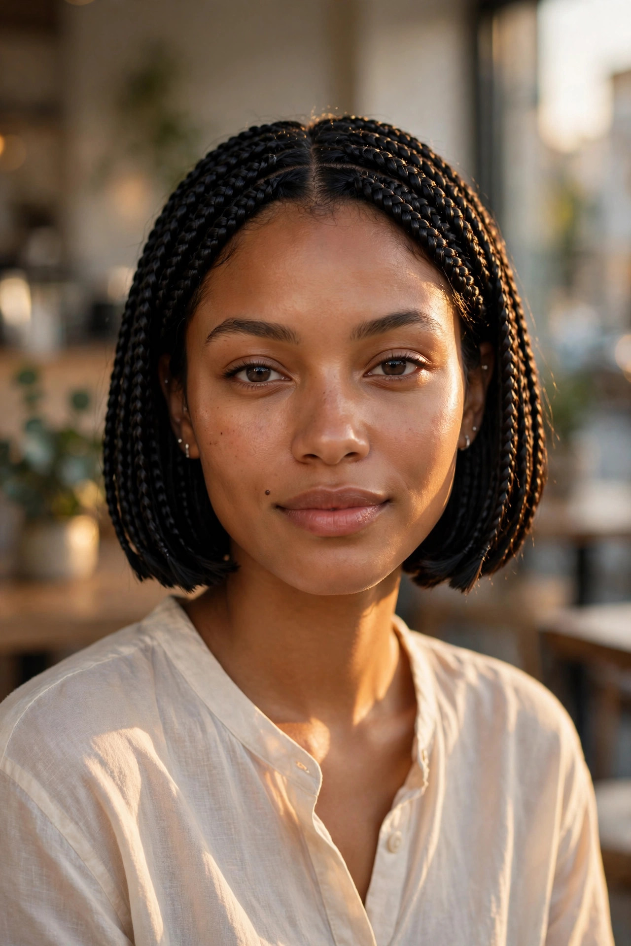 Sleek jet-black chin-length knotless braided bob in warm golden-hour light