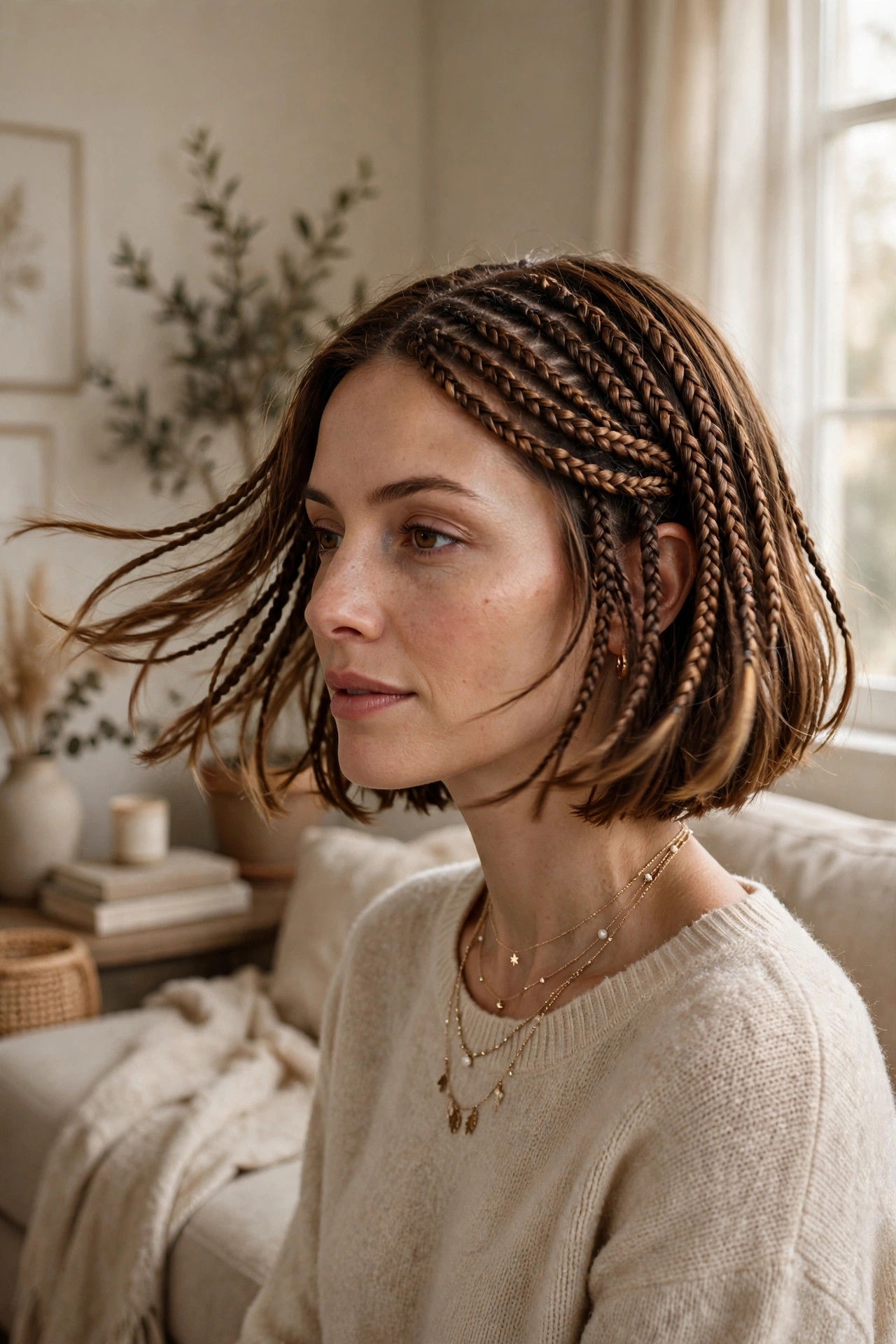 Side-swept chestnut braided bob with honey highlights in soft window light