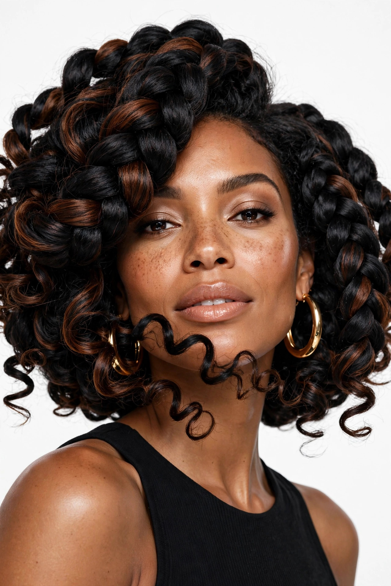 Voluminous black braided bob with curly goddess ends and gold hoops