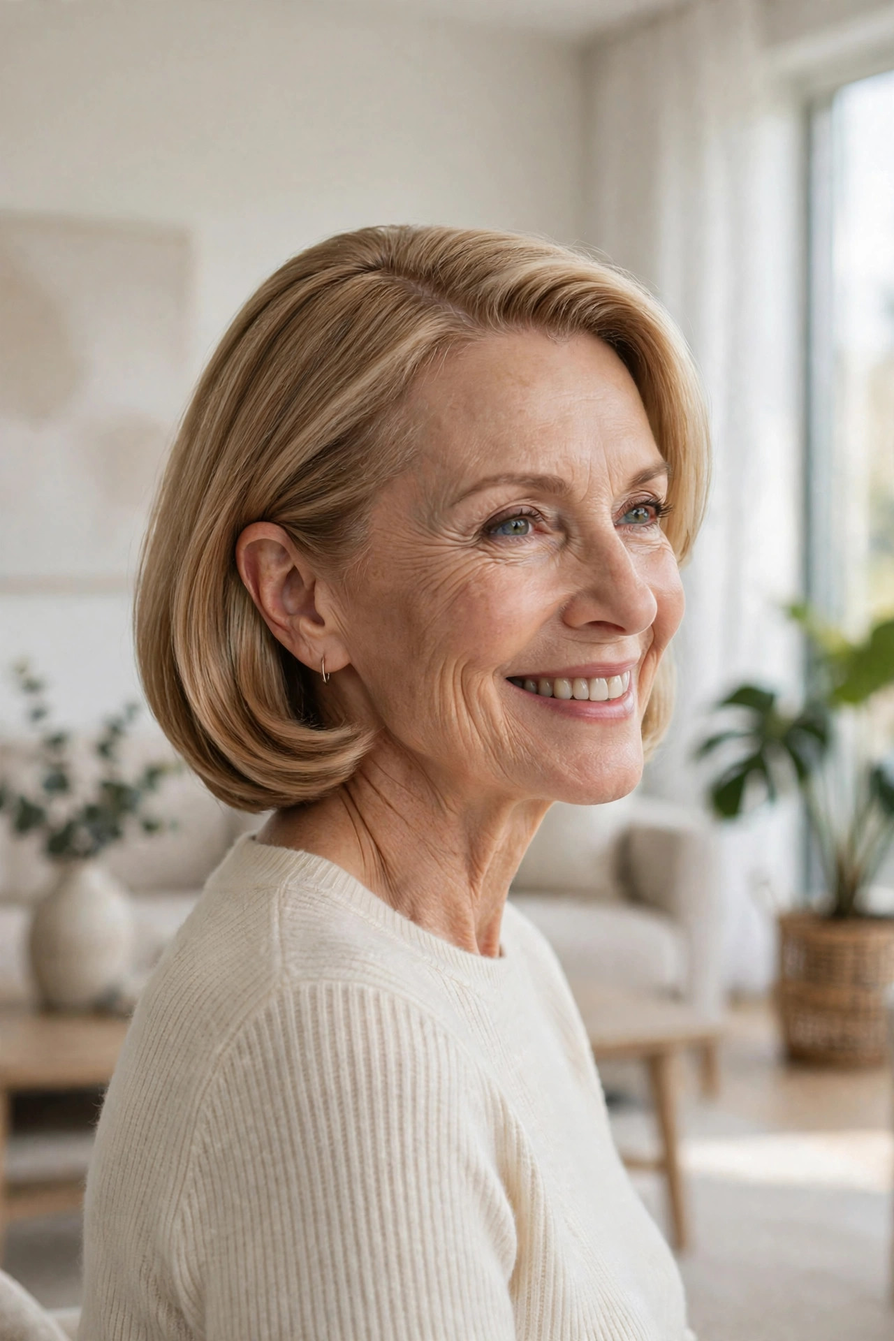 side-swept bob, a chic choice in haircuts for women over 50