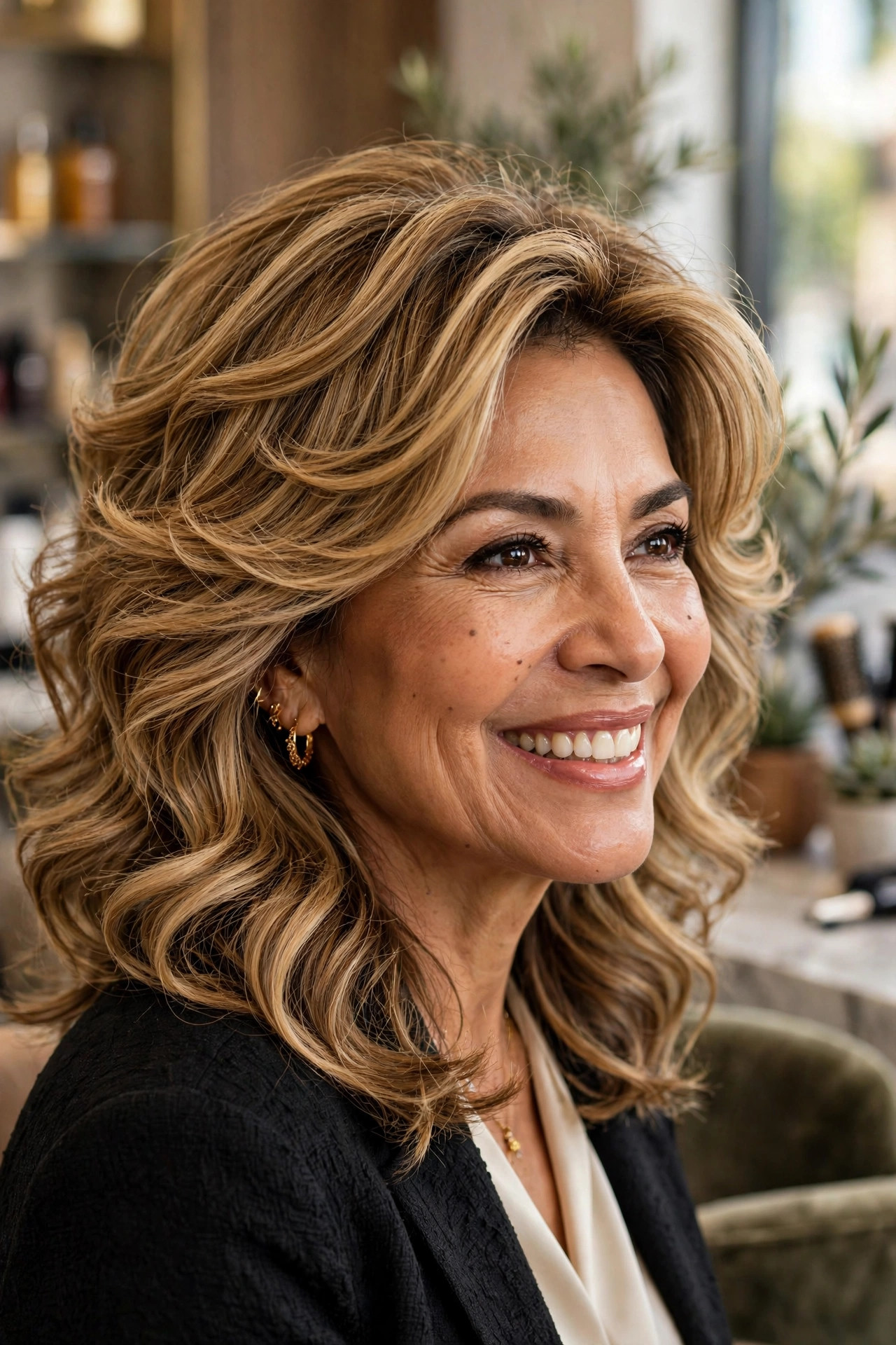 Glamorous woman in her late fifties with a voluminous layered lob in honey-blonde