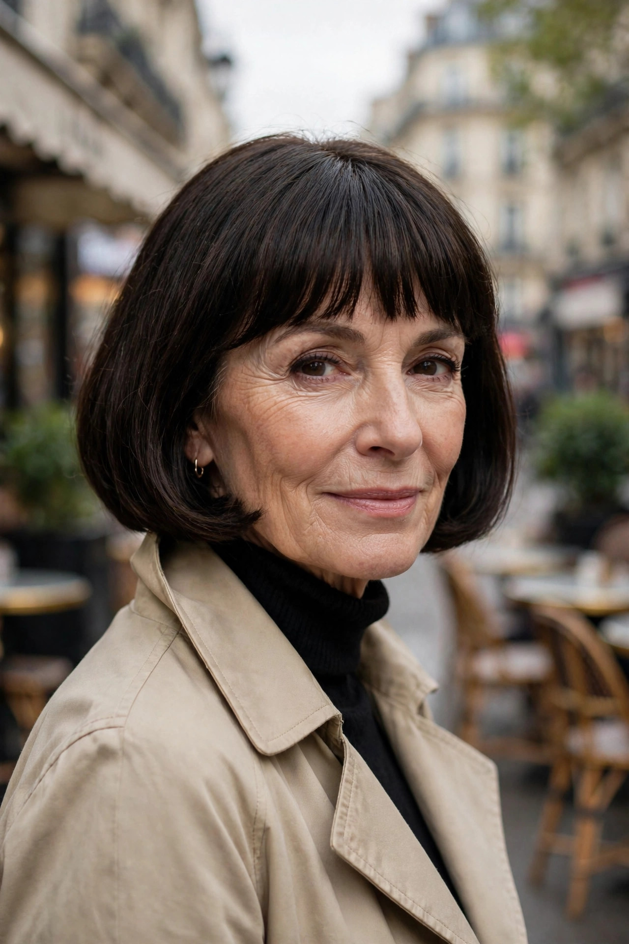 Classic French bob with blunt fringe on a woman in her fifties