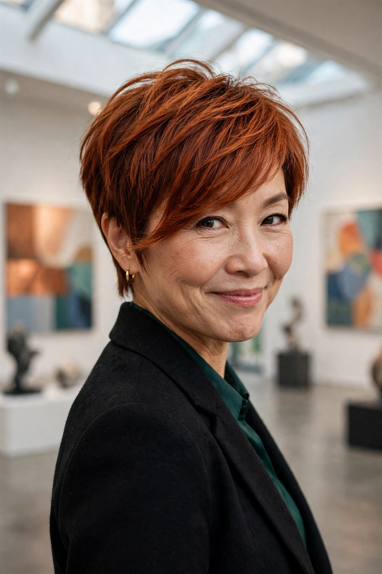 Asian woman in her early fifties with a pixie cut and long auburn fringe