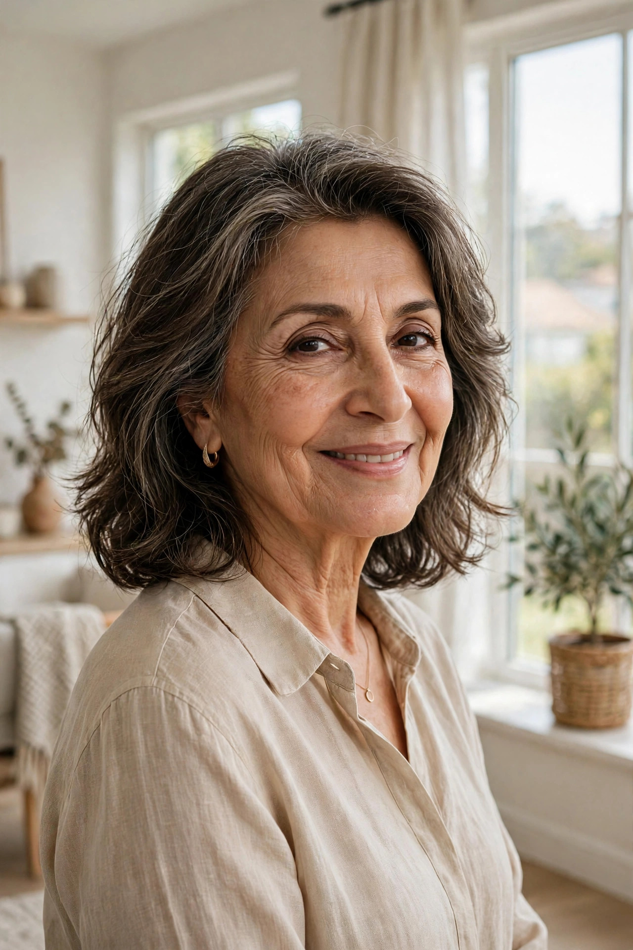 Middle Eastern woman in her sixties with soft feathered mid-length hair
