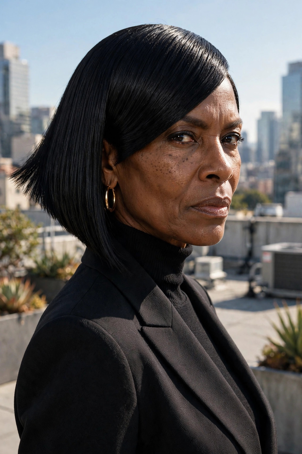 Bold asymmetric bob on a Black woman in her fifties