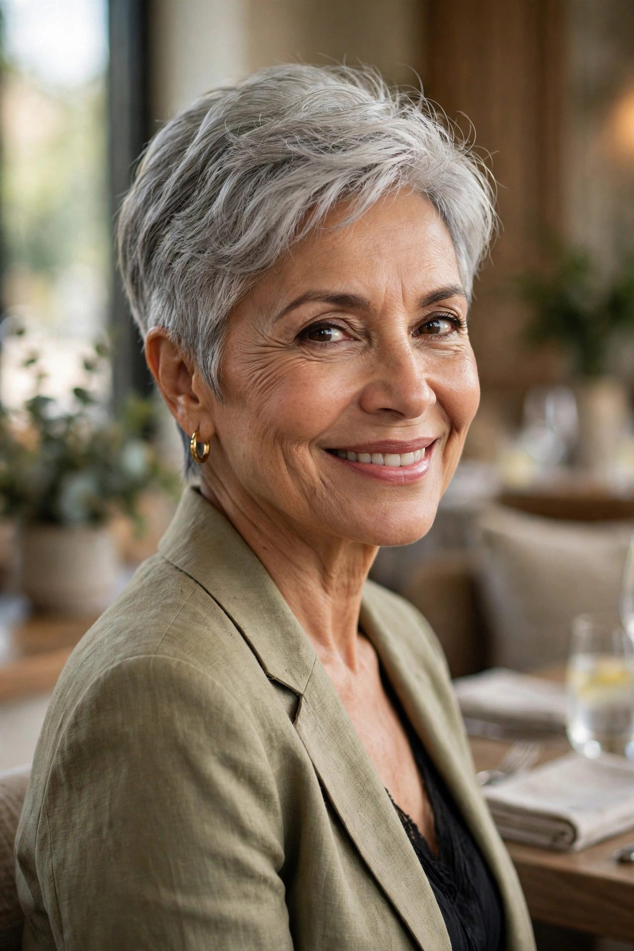 Sophisticated tapered nape pixie in silver-gray on a Latina woman