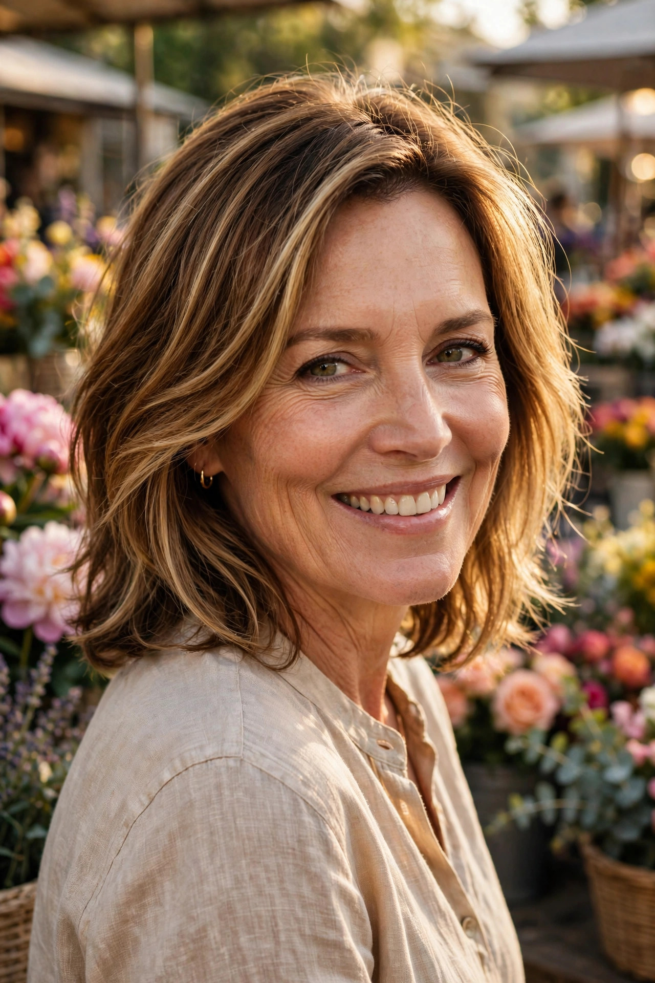 Caucasian woman with a face-framing layered cut in warm brunette