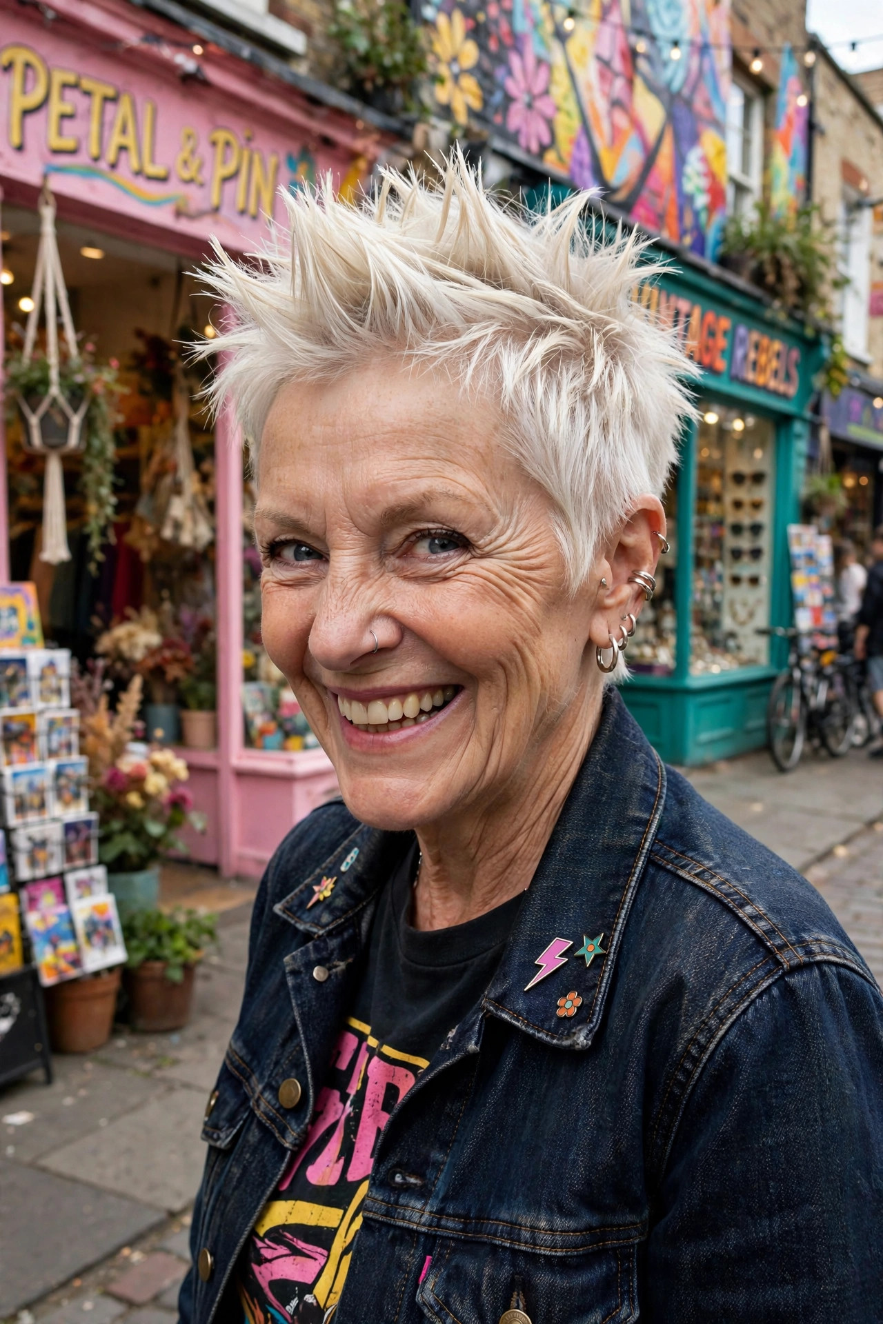 Fun sassy spiky crop in platinum blonde on a woman in her sixties