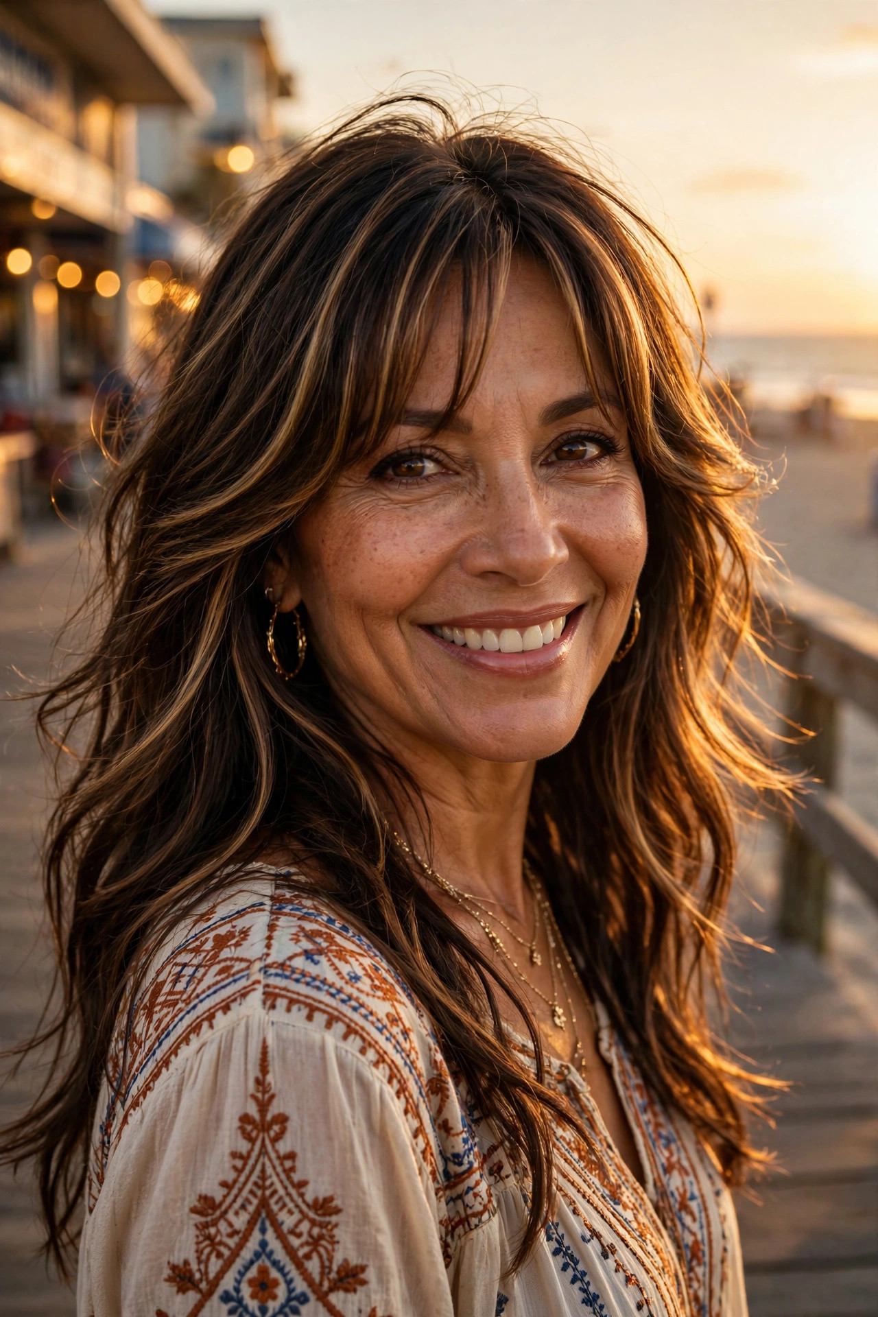 Stunning long layers with curtain bangs in dark brown on a Latina woman