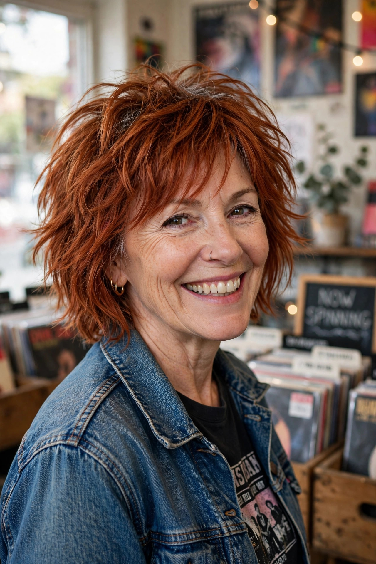 Spirited chin-skimming shag in copper red on a woman in her fifties