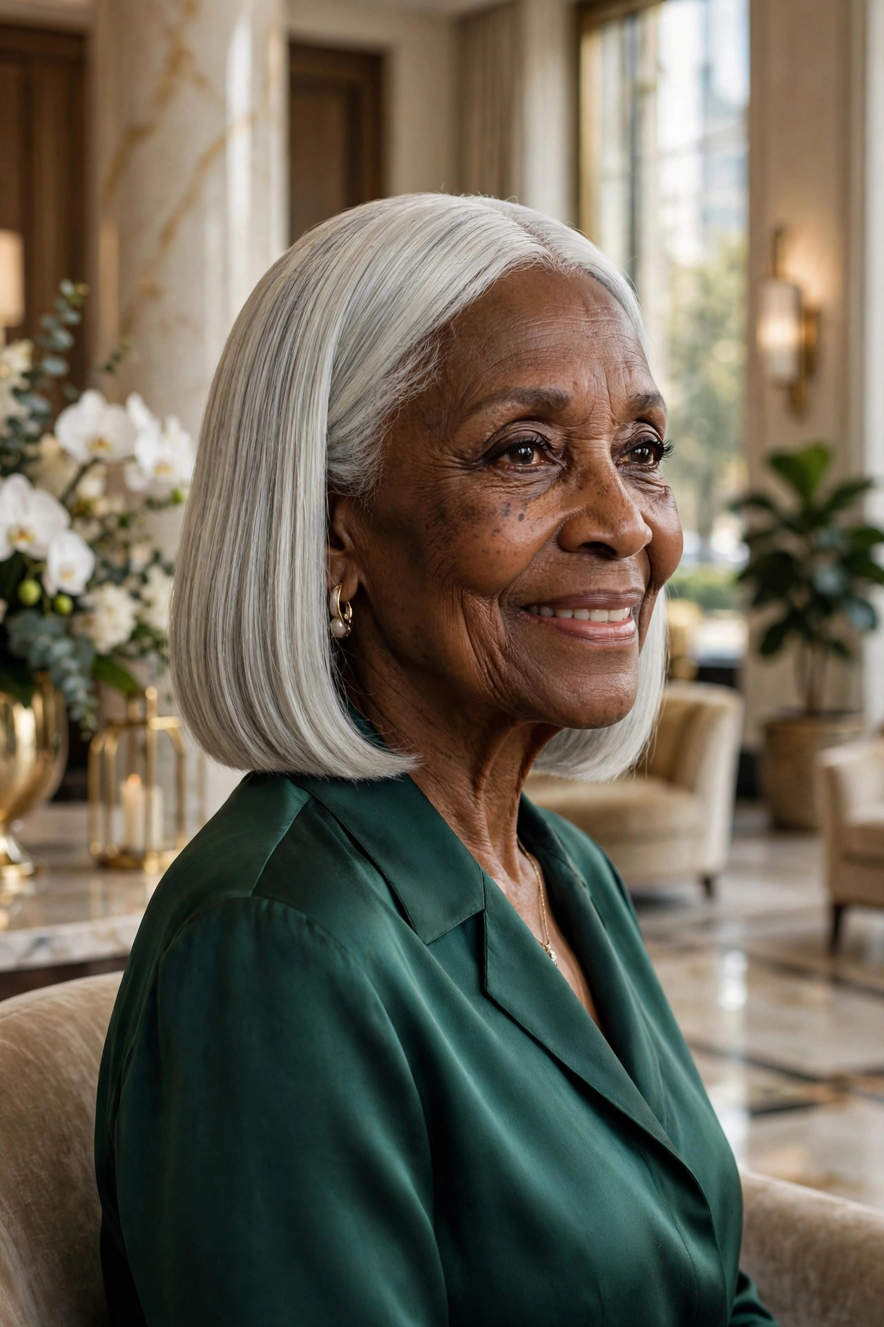 Regal blunt lob in silver-white on a Black woman in her sixties