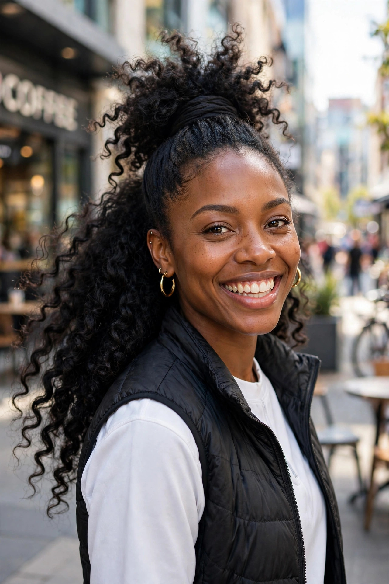 Elegant woman with a textured high ponytail, full long hair with volume