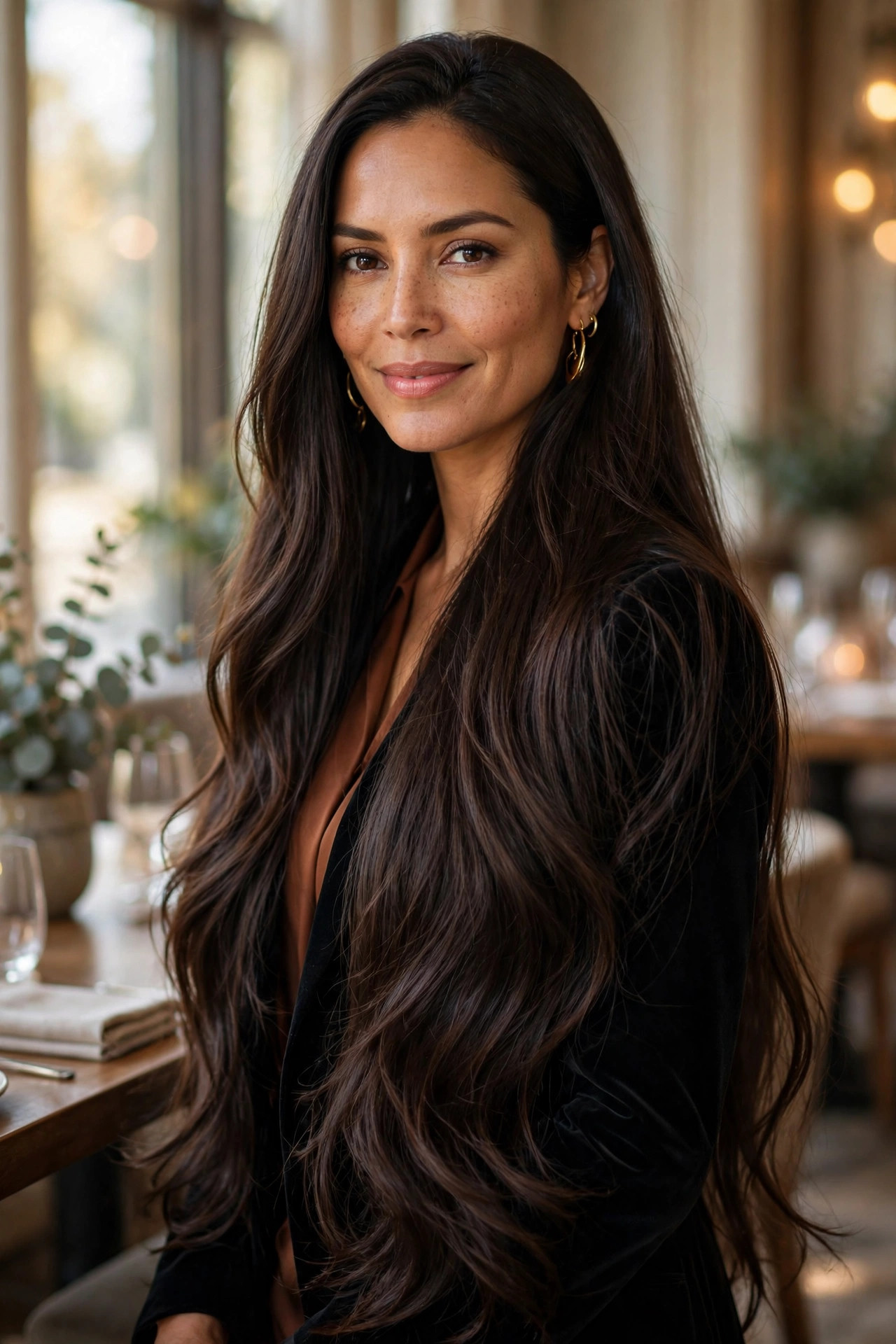 Woman with long hair featuring invisible internal layers for volume