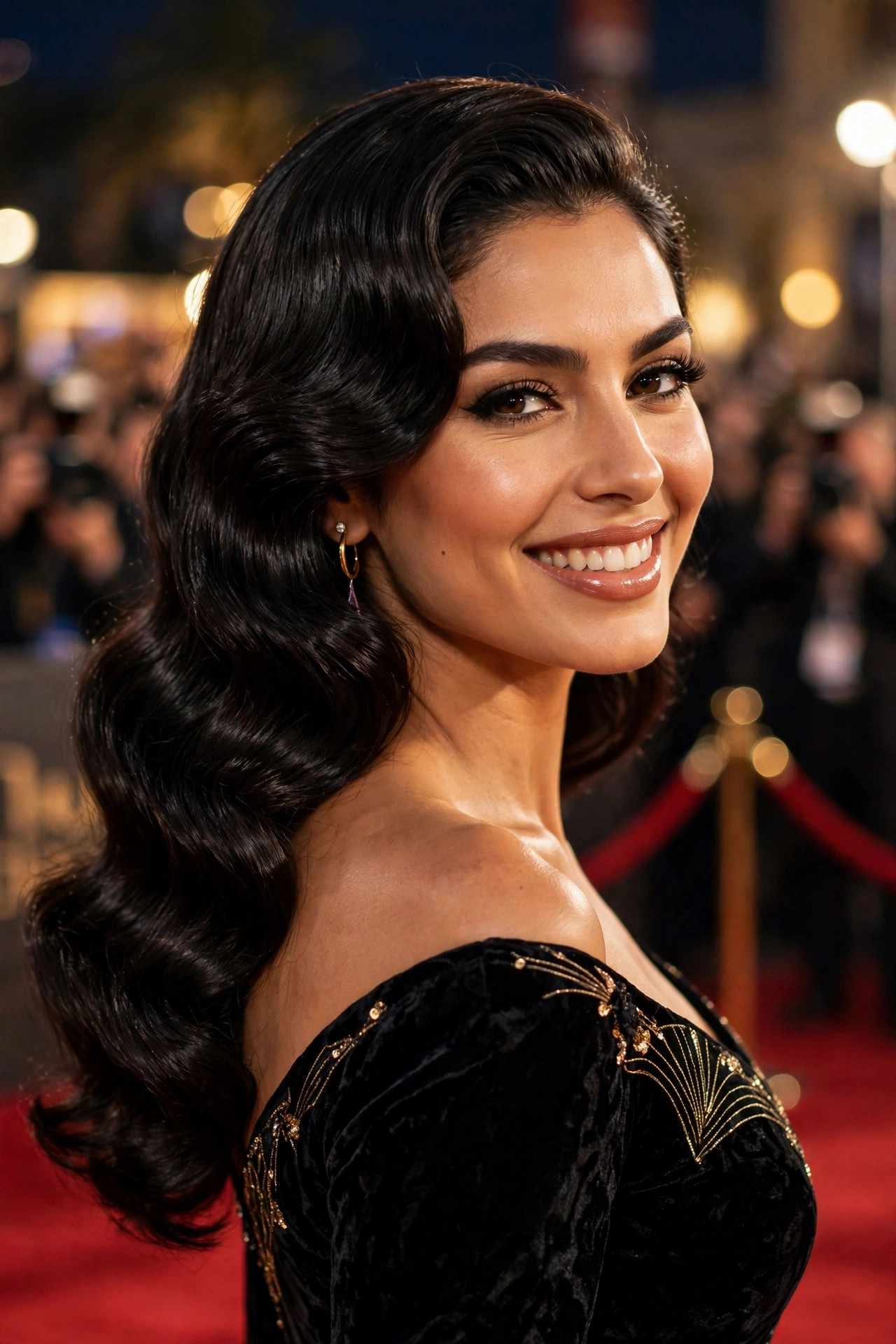 Glamorous woman with loose Hollywood waves in long dark hair