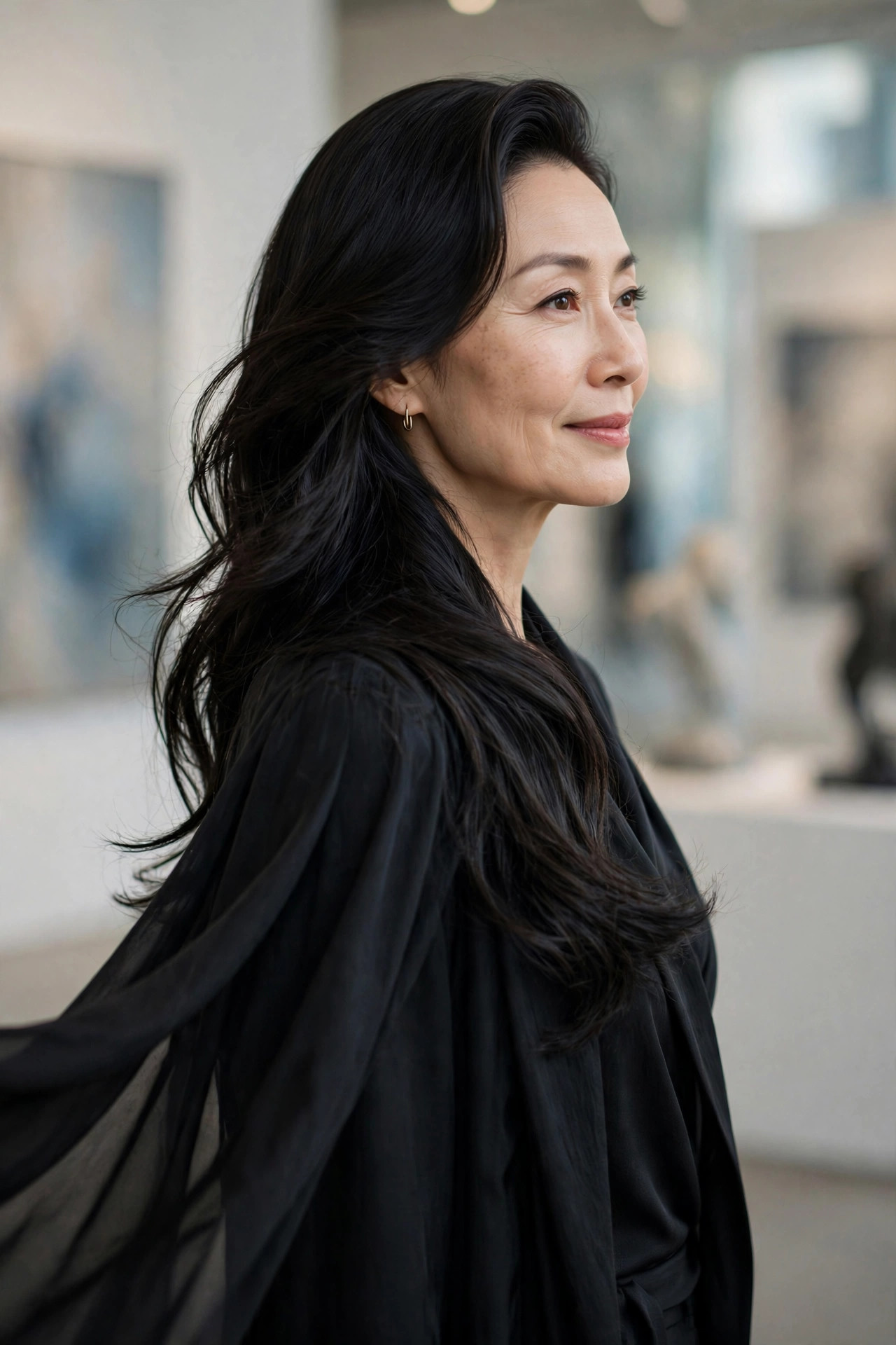 Woman with a deep side sweep hairstyle, long voluminous hair