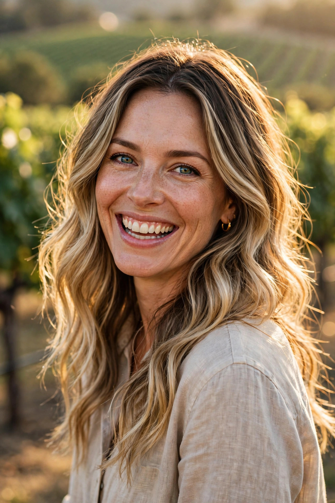 Woman with wavy balayage layers, dimensional long blonde hair