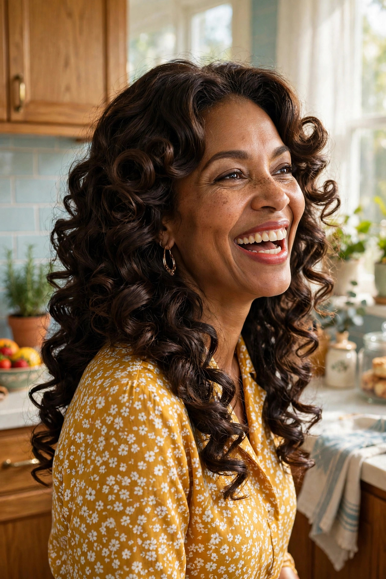 Woman with bouncy roller curls, voluminous long hairstyle