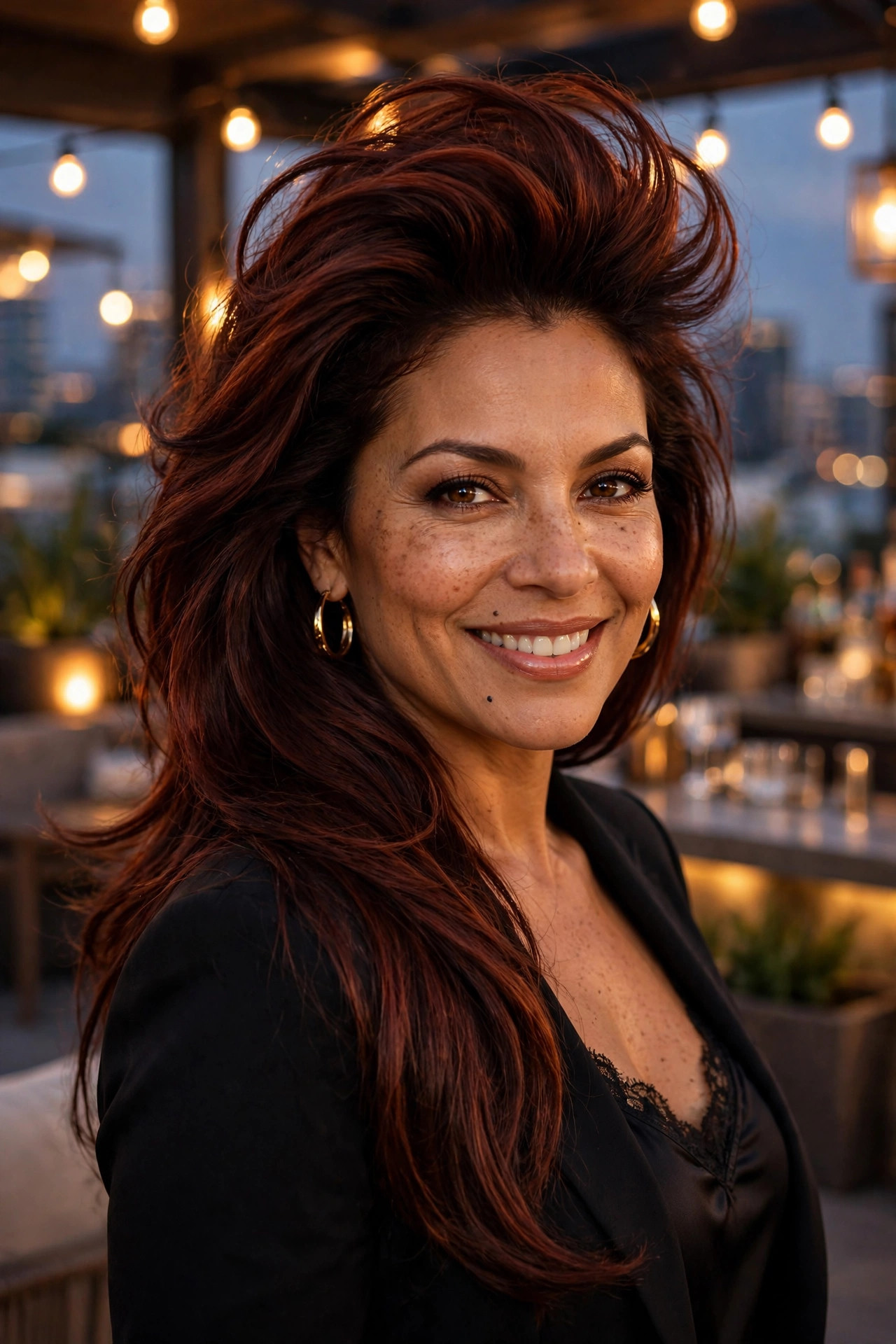 Woman with teased crown volume, long full hairstyle