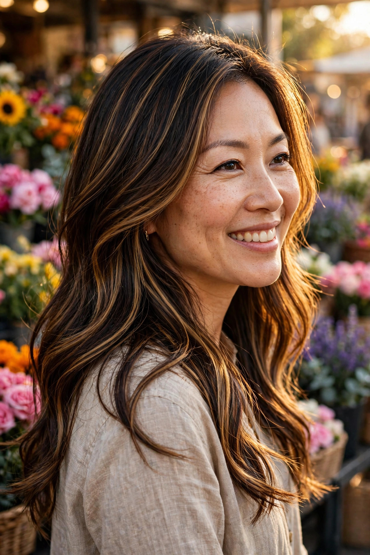 Woman with dimensional highlight layers in long brown hair