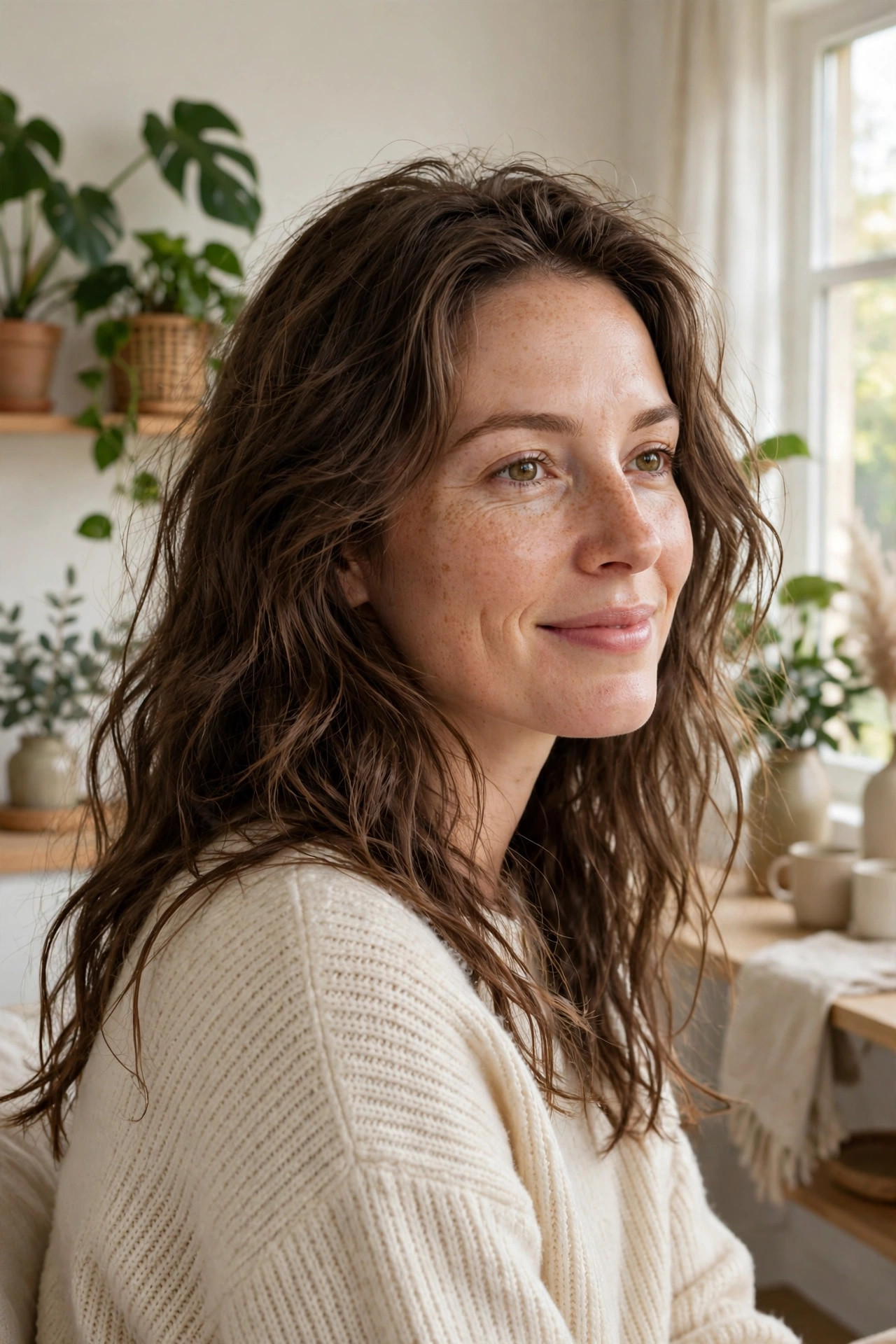 Woman with tousled air-dried waves, natural long hairstyle