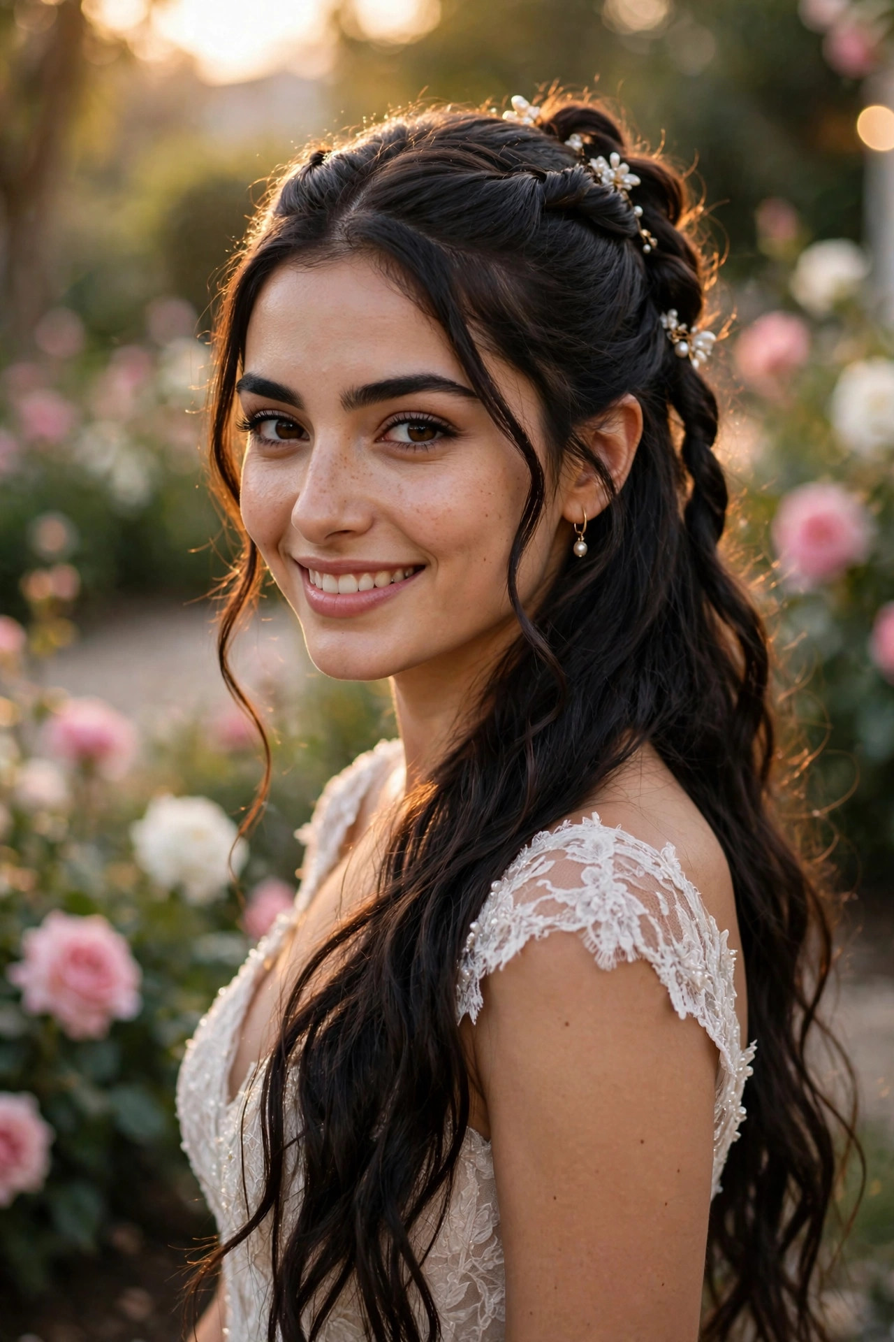 Woman with a twisted half-up hairstyle, elegant long hair