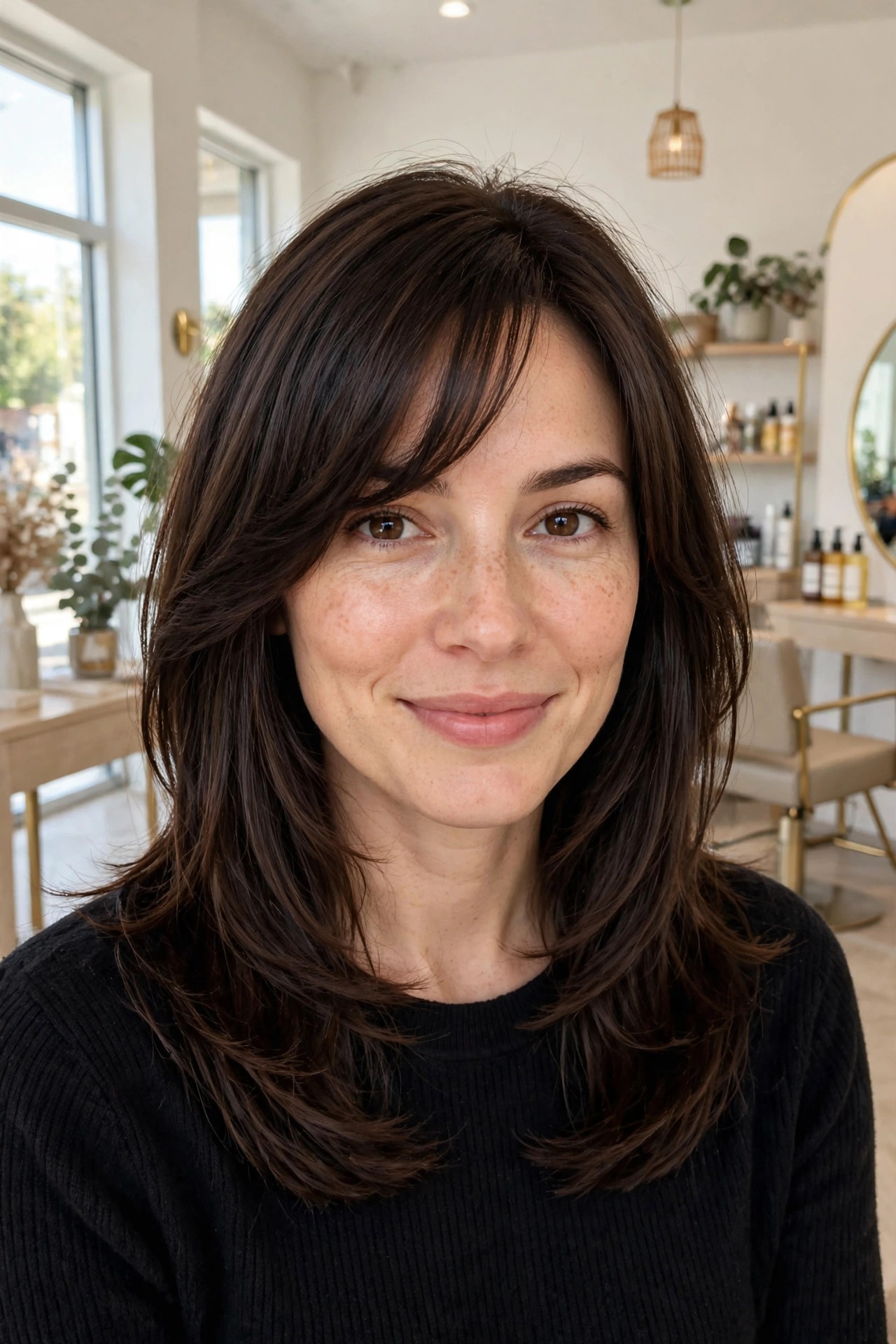 Side-swept bangs on a medium length haircut