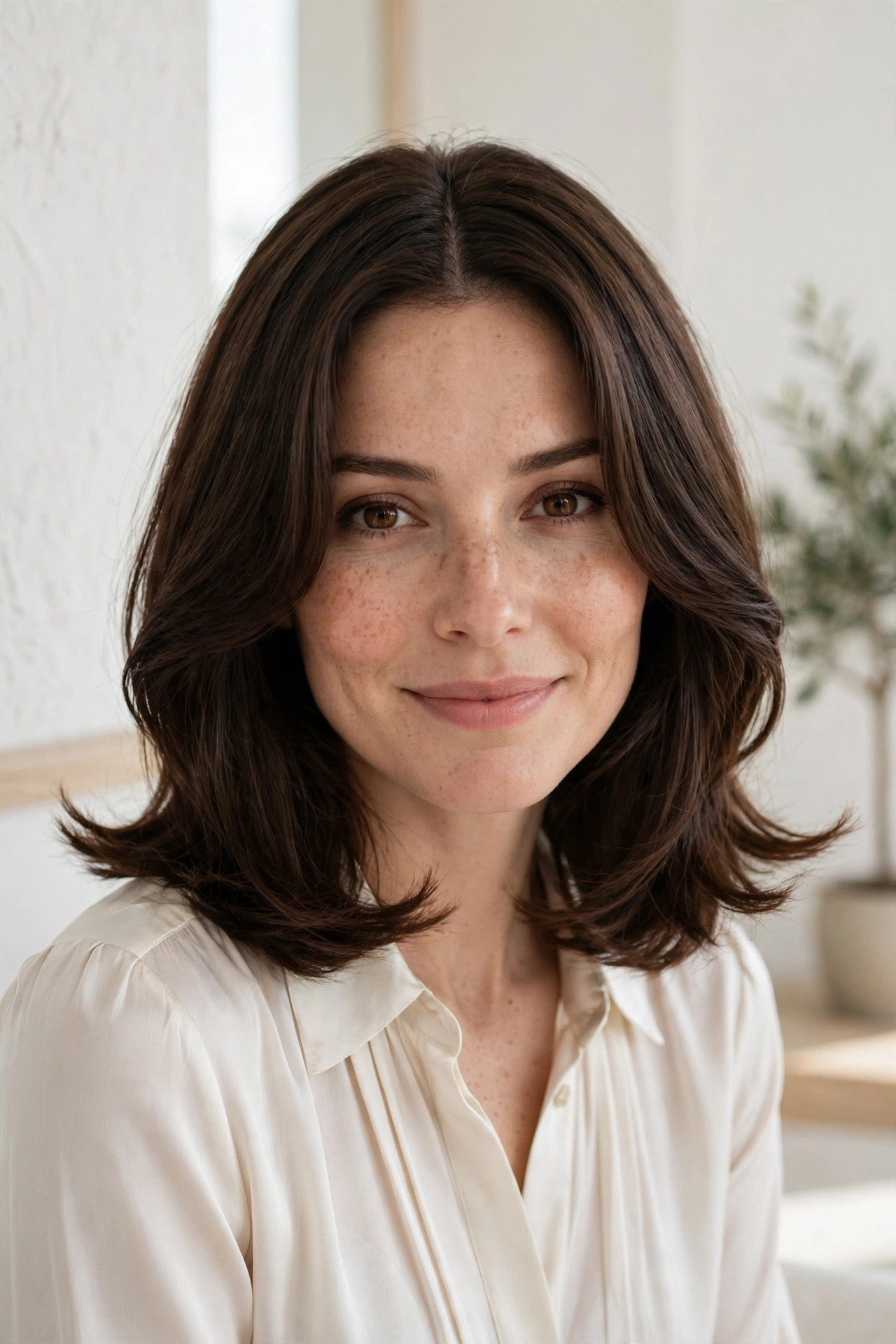 Curtain bang lob on medium length hair