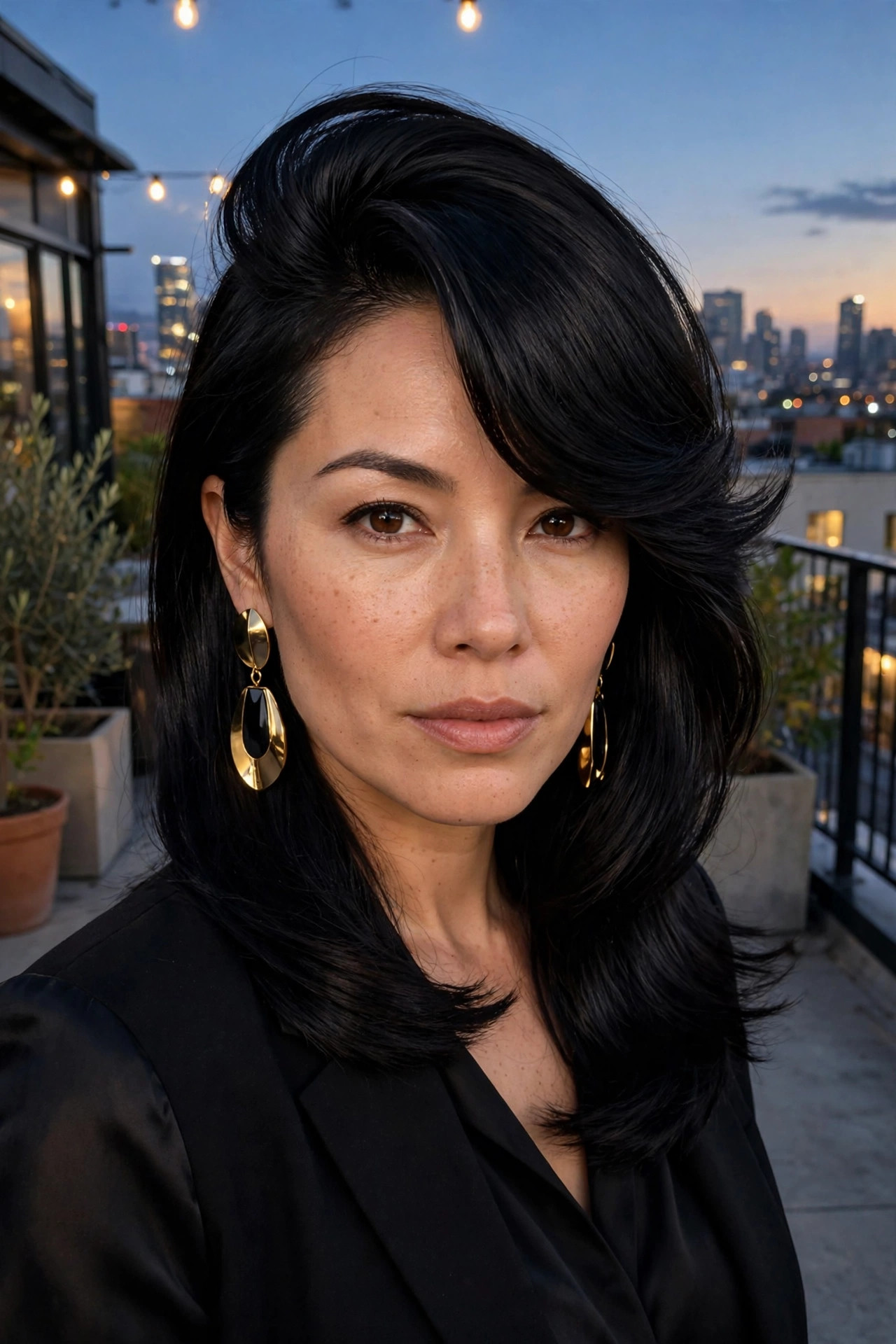 Deep side part hairstyle on shoulder length hair