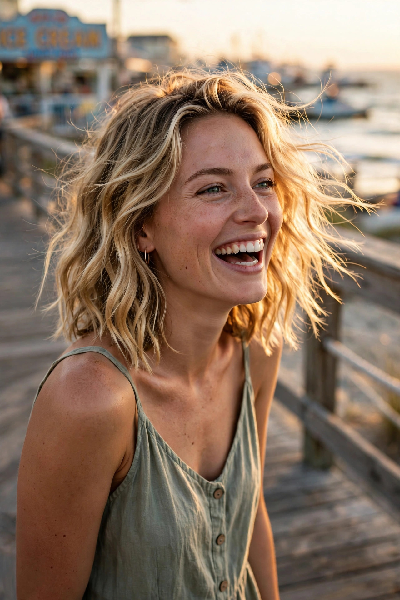 Beachy tousled waves on collarbone length hair