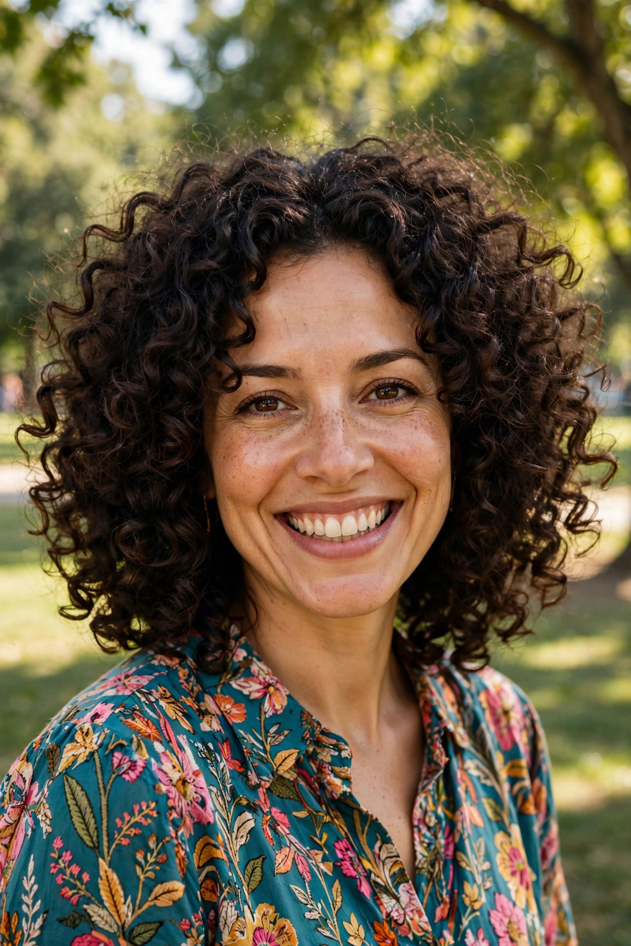Voluminous curly lob framing a square face