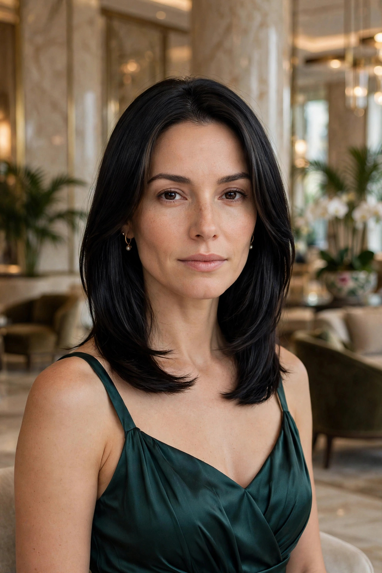 Sleek layered midi haircut with glossy finish