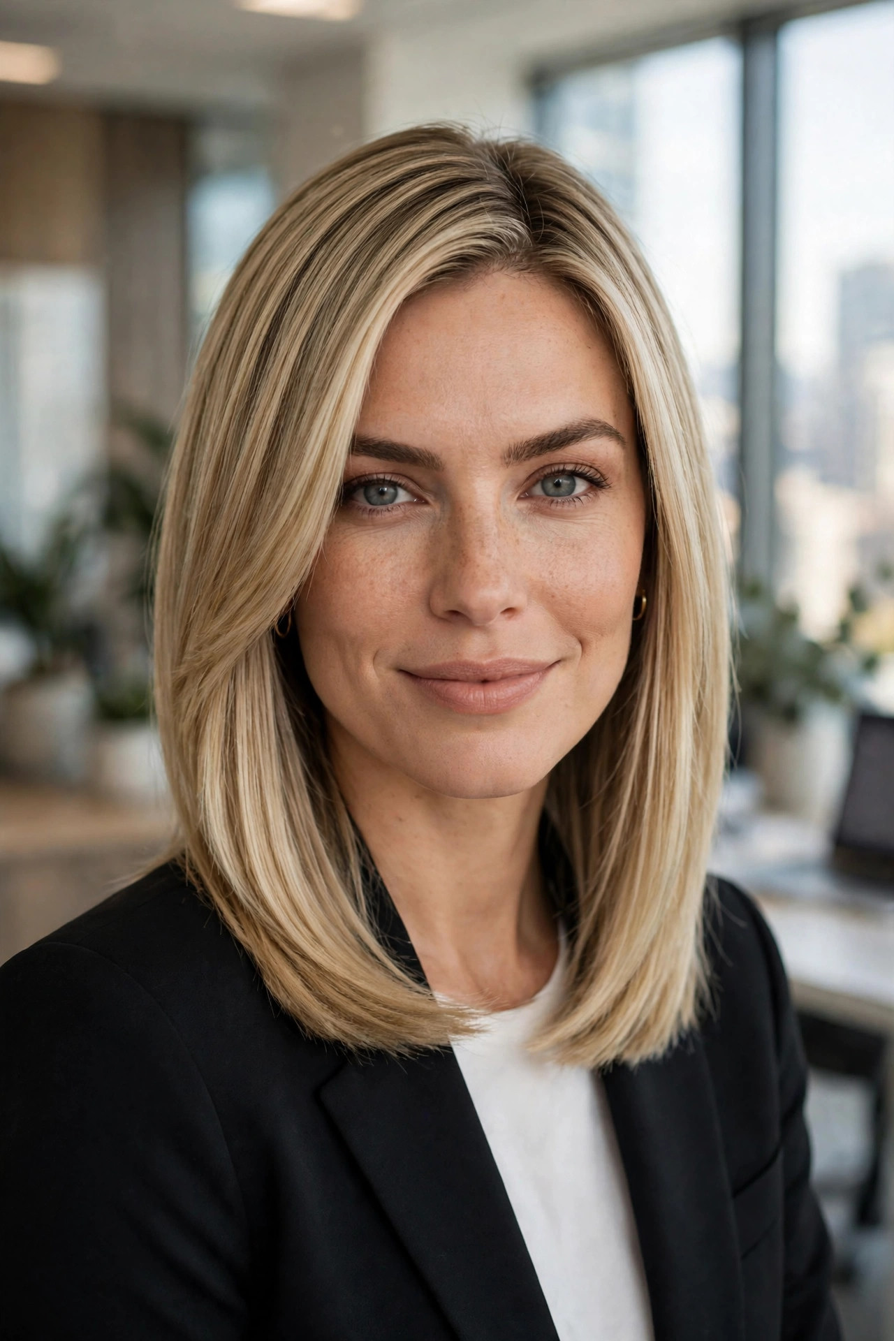 Blunt-layered hybrid cut on medium length hair