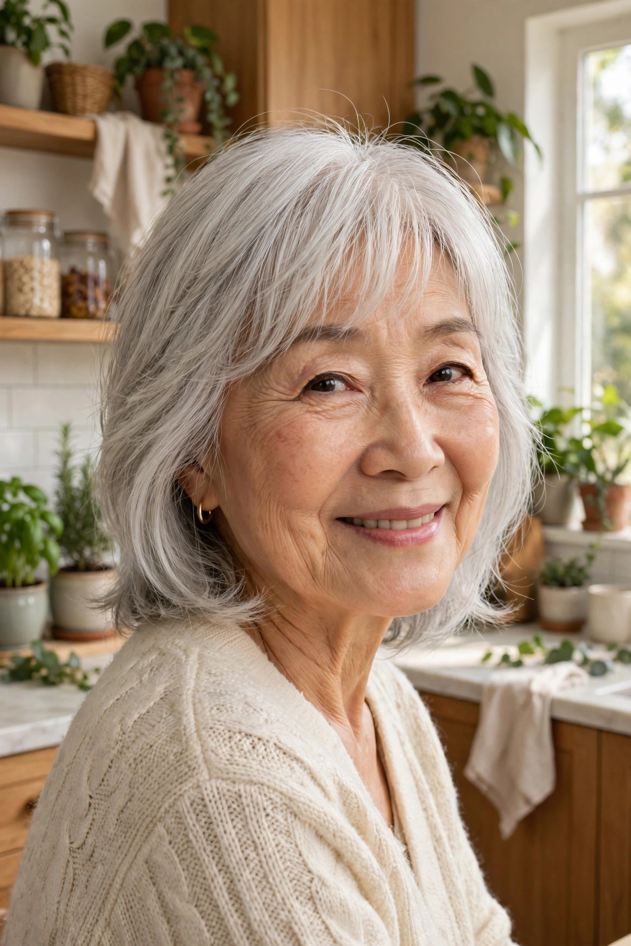 wispy bangs layers, a youthful choice in medium hairstyles for women over 60