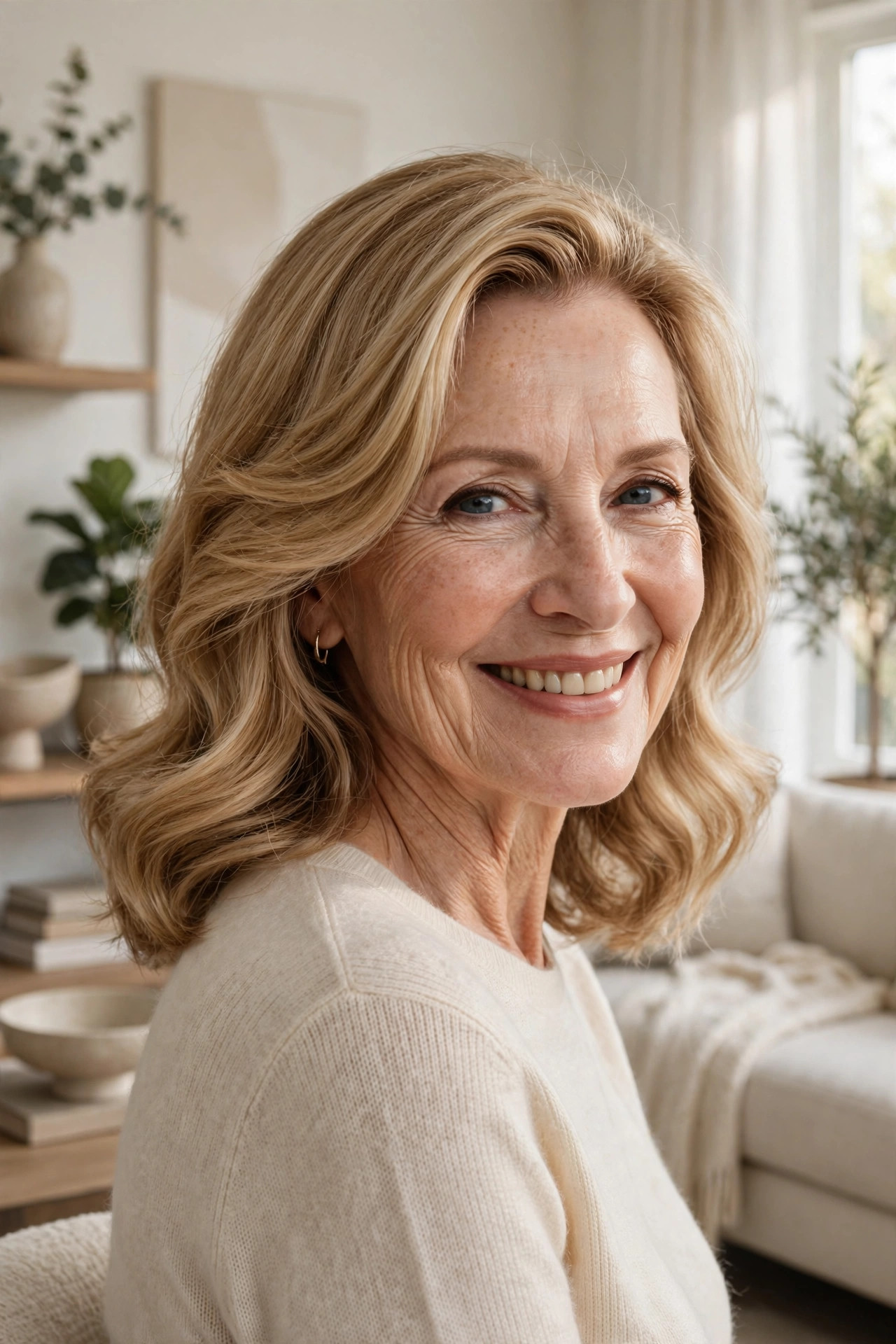 side-swept medium waves on a smiling woman in her sixties