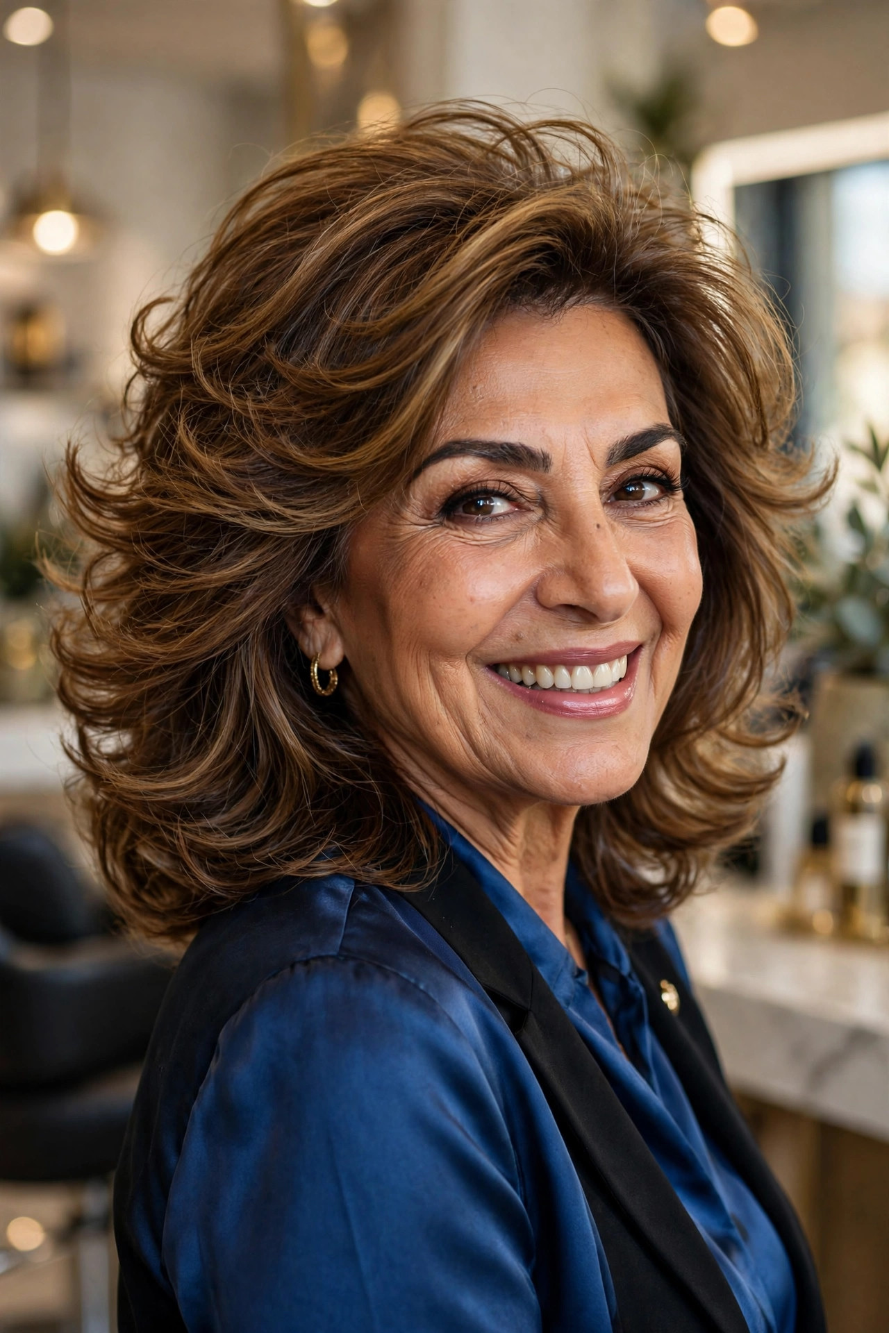 voluminous blown-out layers in chestnut brown on a woman in her sixties