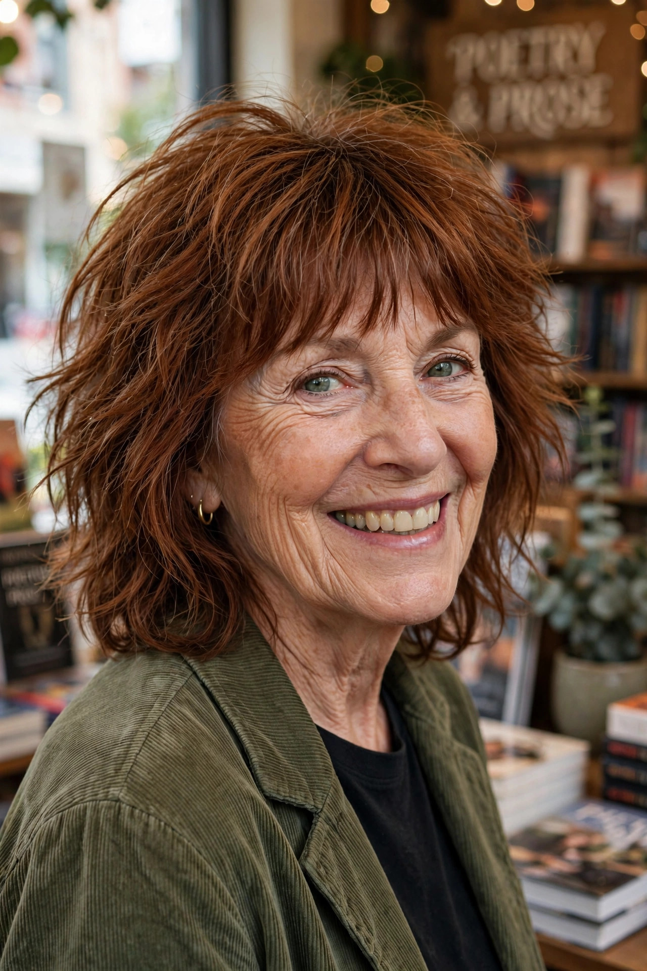 medium shag with fringe, a playful medium hairstyle for women over 60