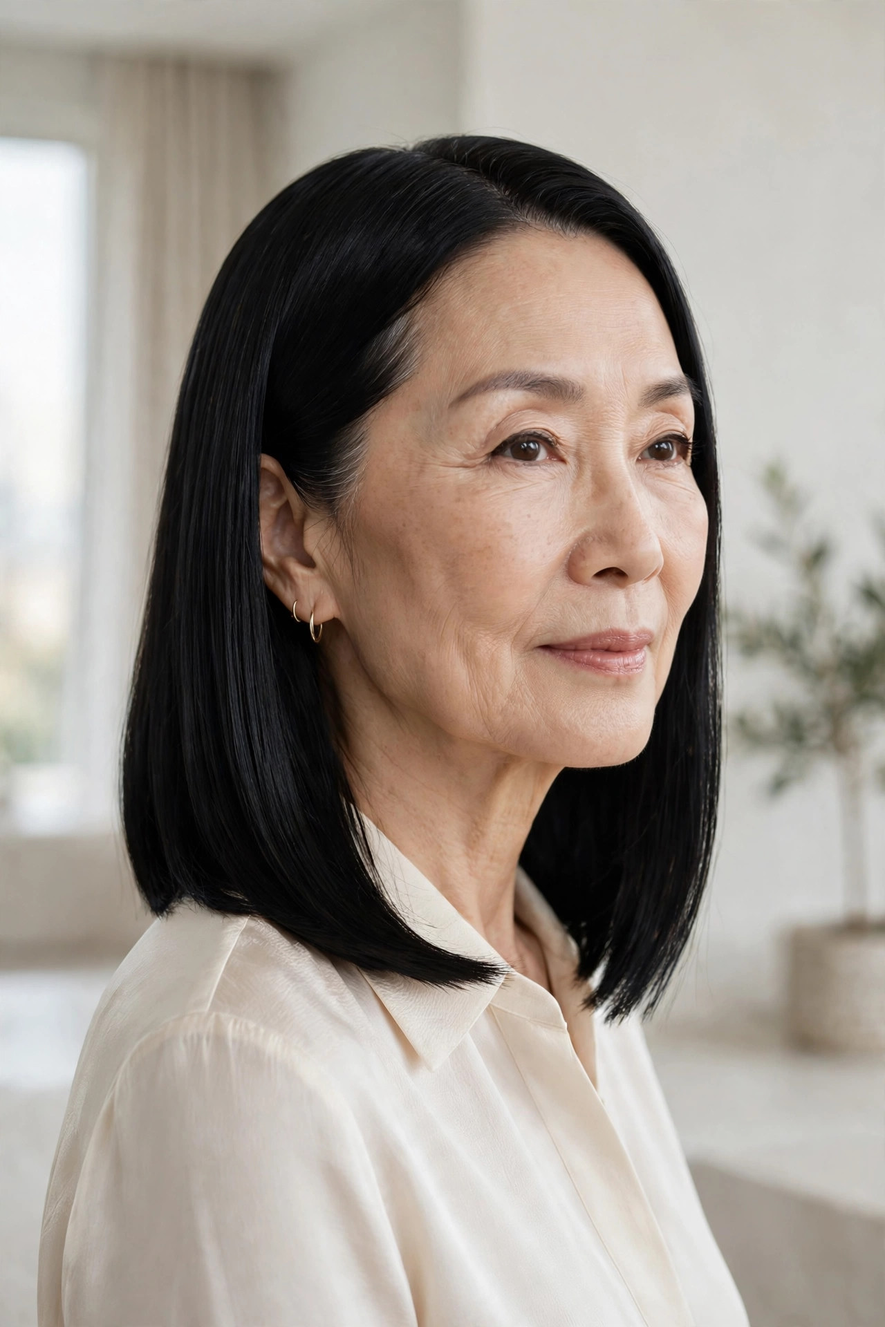 sleek straight lob in glossy black on an Asian woman in her sixties