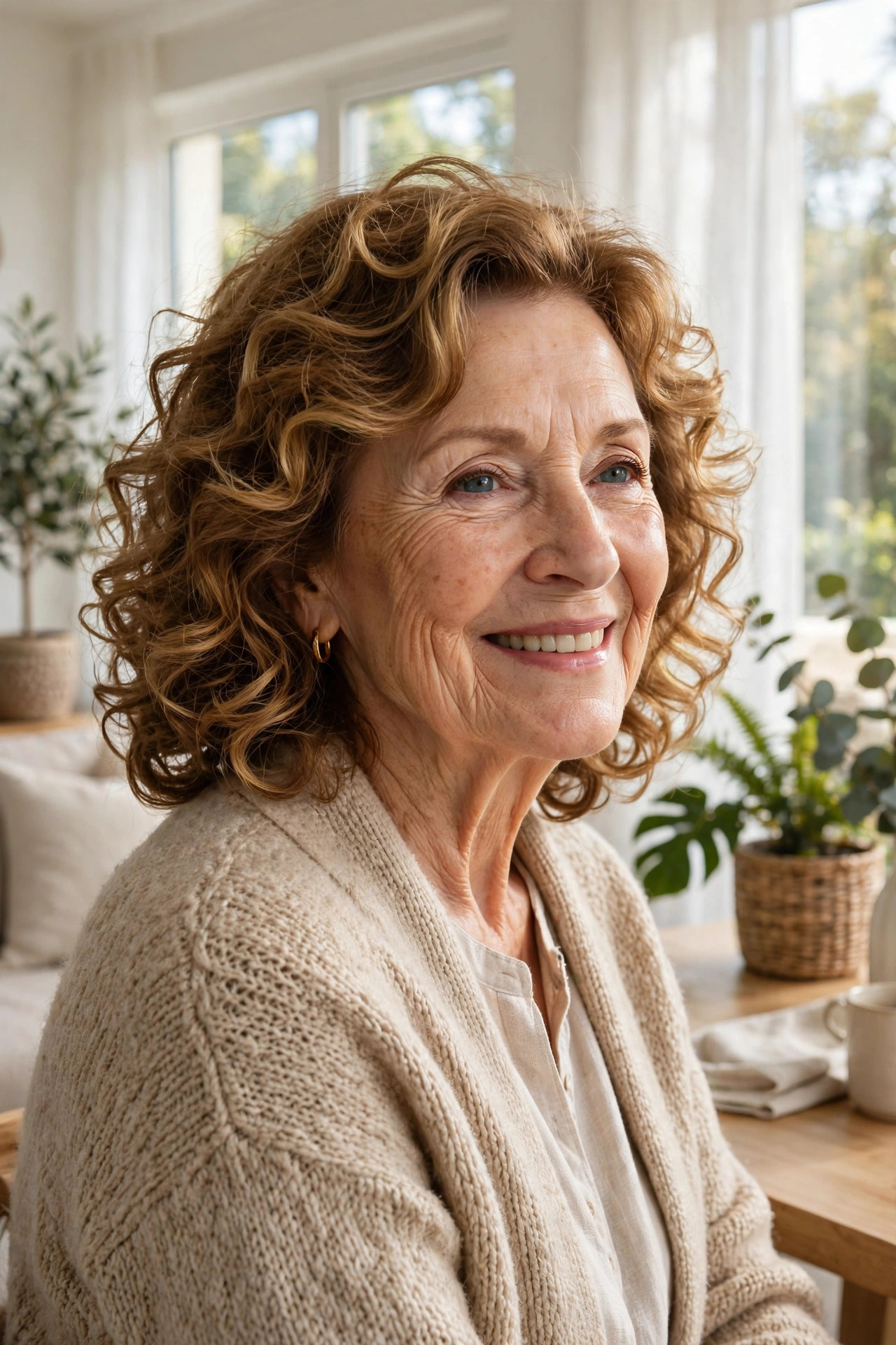 soft perm curls in warm brown on a woman in her late sixties