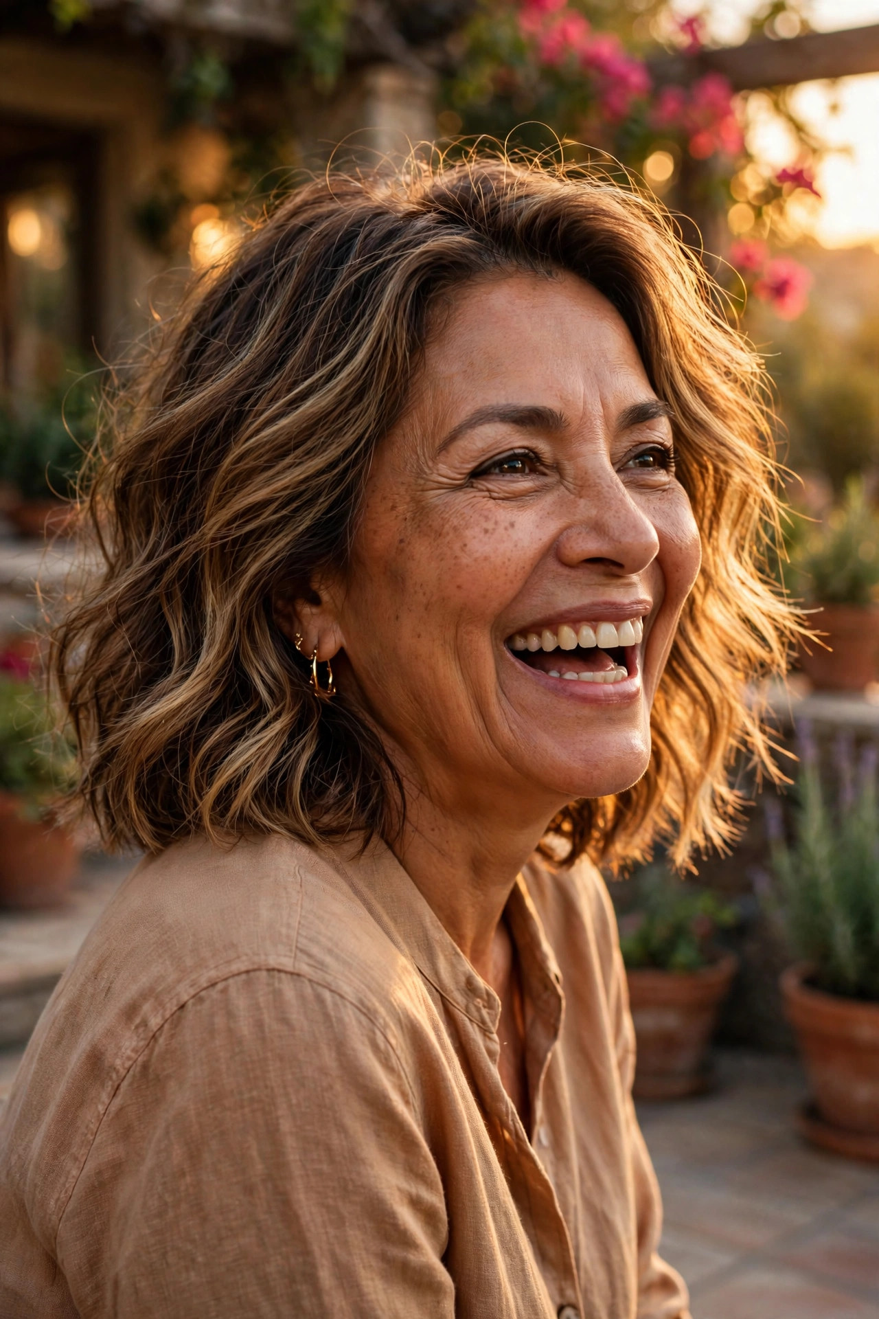 wavy collarbone cut in warm brunette on a cheerful Latina woman