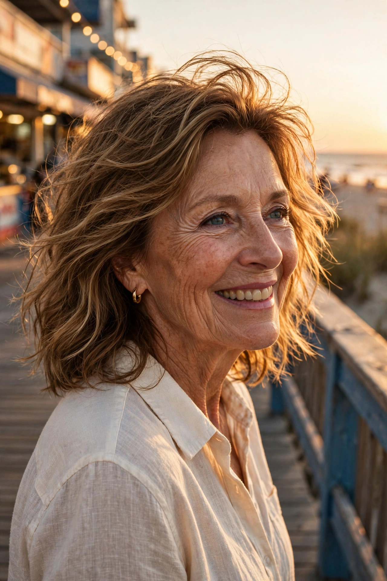tousled beach waves in sun-kissed brown on a woman at golden hour