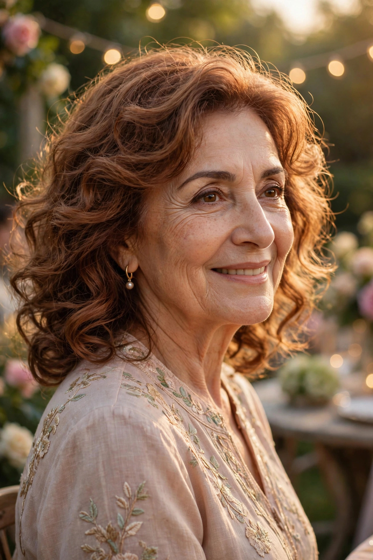 romantic loose curls in auburn on a woman in her sixties