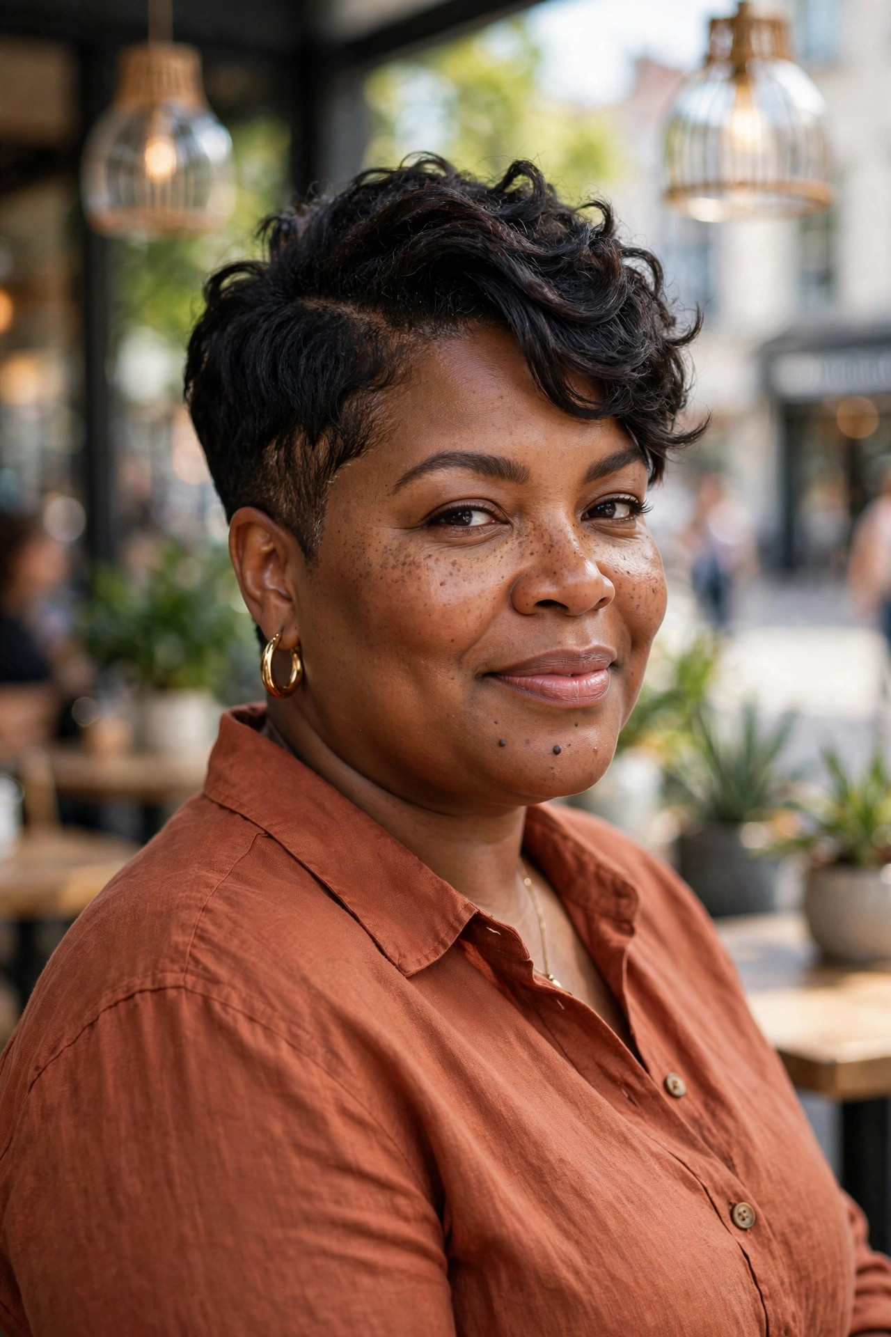 Woman with side-parted pixie cut, tapered sides and textured top