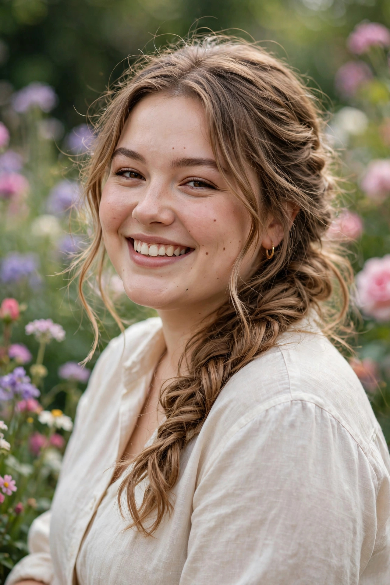 Loose romantic side braid draped over one shoulder