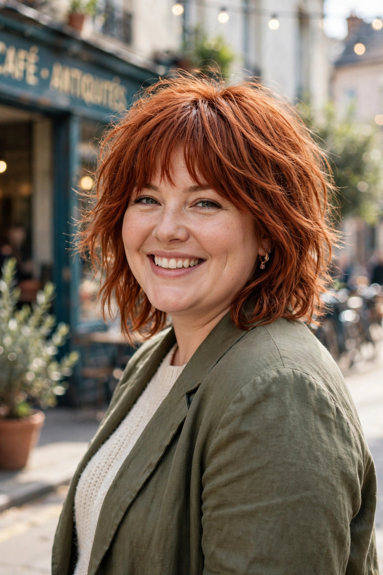 Soft shaggy layers with tousled copper red hair