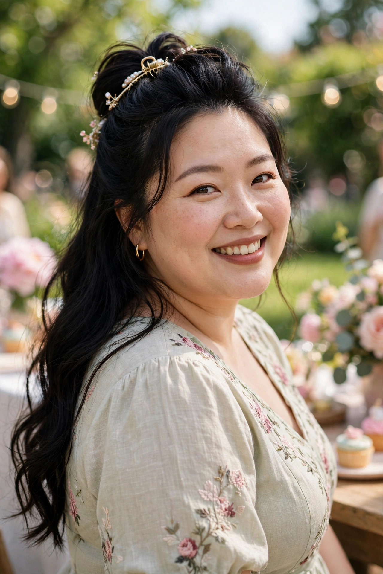 Half-up hairstyle with lifted crown and flowing lengths