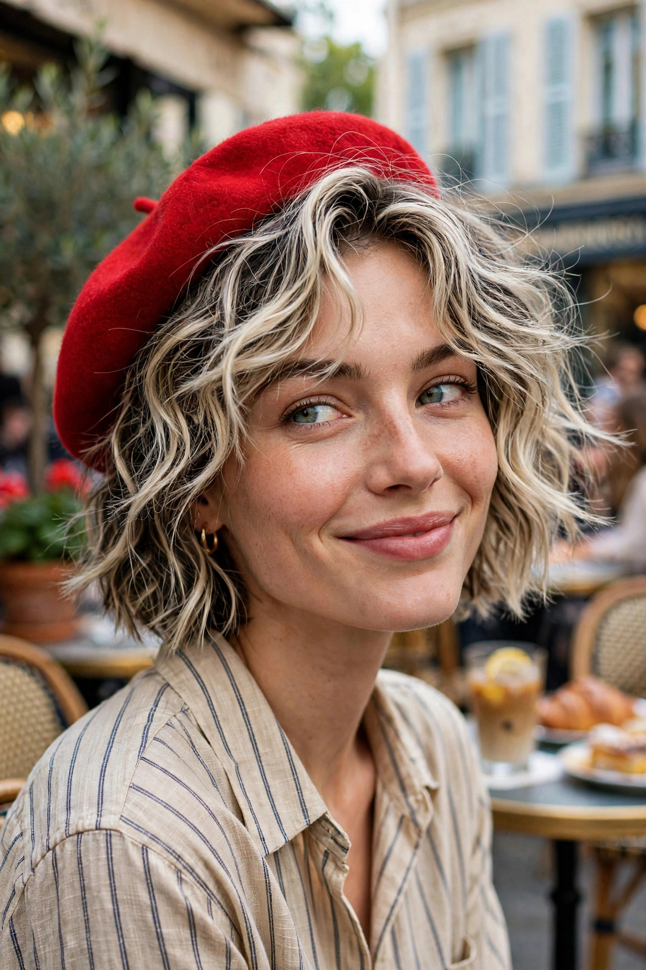 Piecey textured lob with tousled waves and honey highlights in a flower market