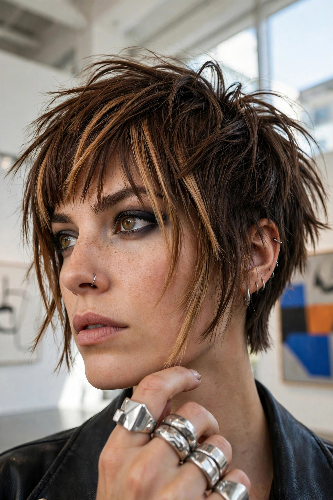 Ear-tucked pixie with neat sides and wispy top in soft morning light