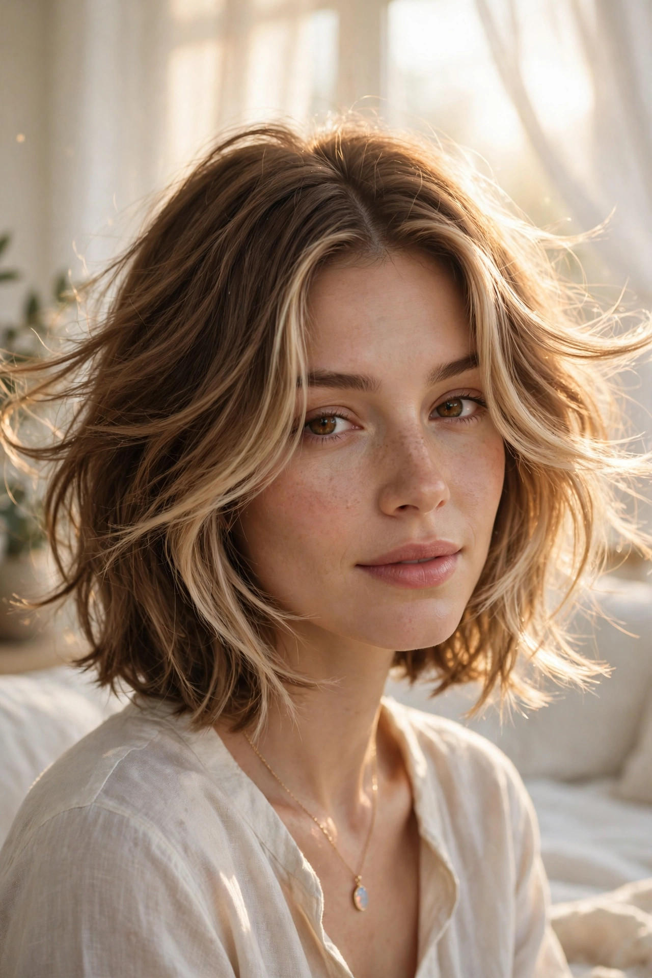 Airy curtain bob with center part and romantic face-framing fringe